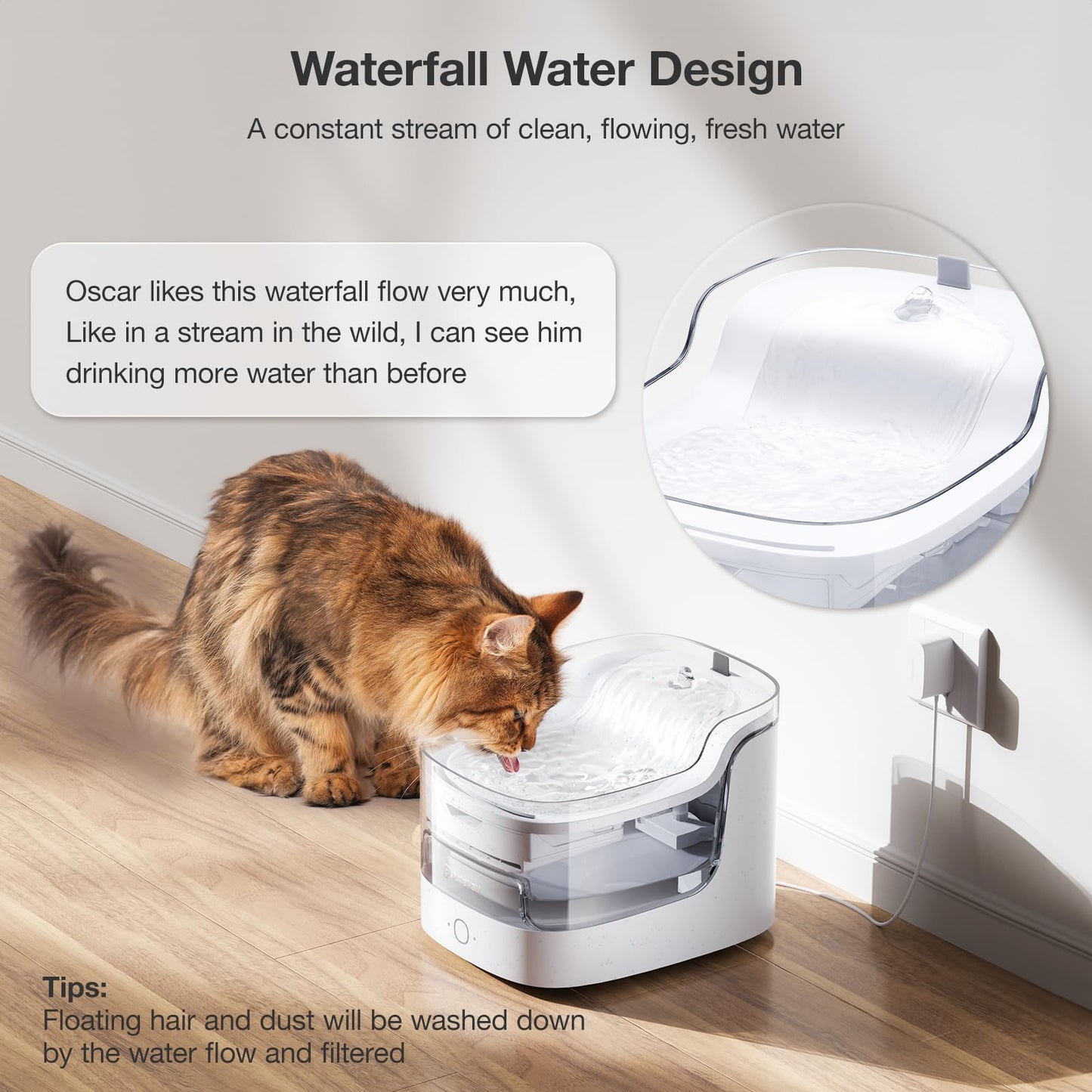 PETGUGU Cat Water Fountain with App Monitoring, 2L/68oz Pet Water Dispenser Wireless Pump, 8 Layers Filtration Ultra-Quiet 2.4G Wi-Fi Automatic Cat Stuff (PF1)