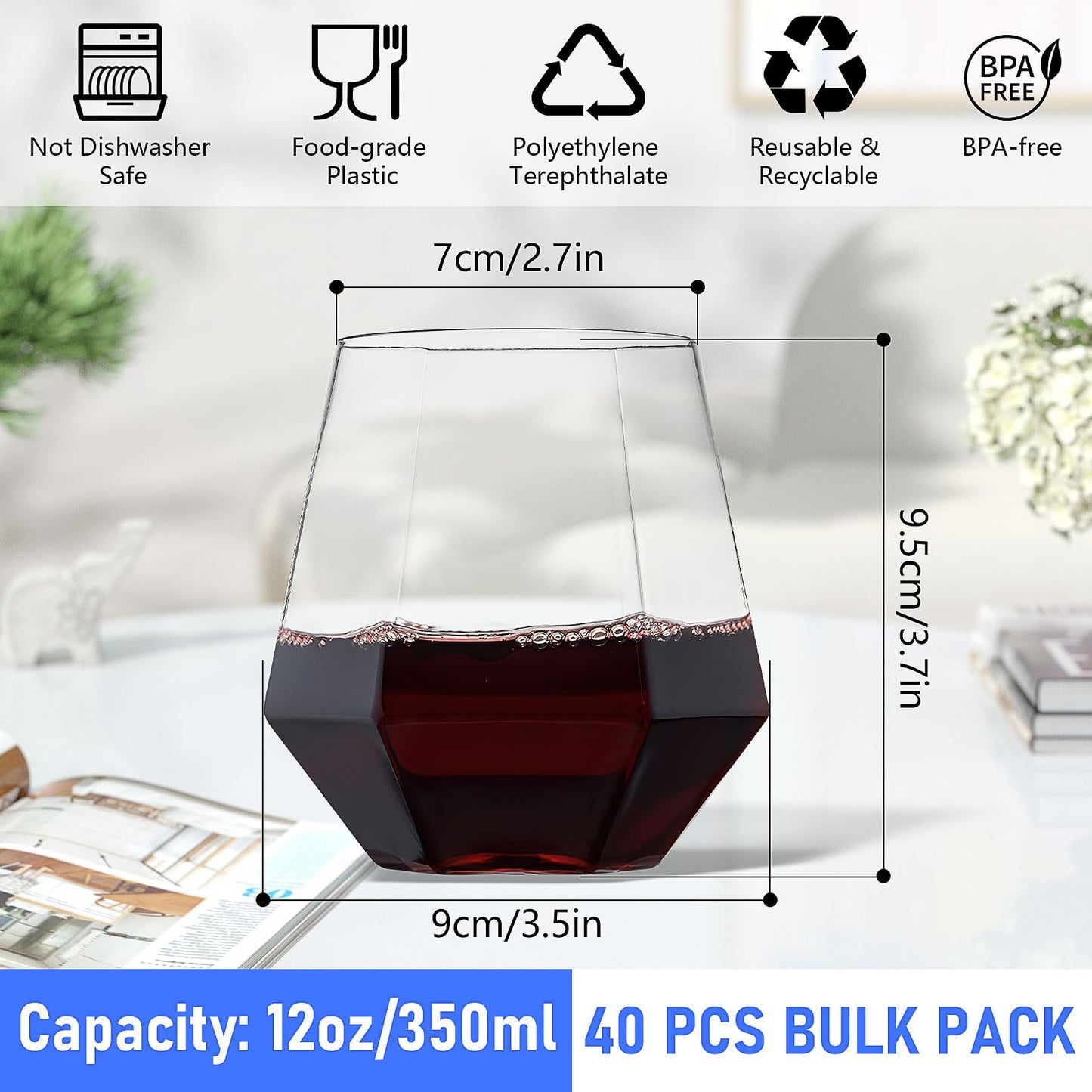40 Pack Clear Plastic Drinking Glasses, 12 oz Disposable Tumbler Cups, Diamond Pattern Cocktail Cups for Parties, Weddings, Birthdays