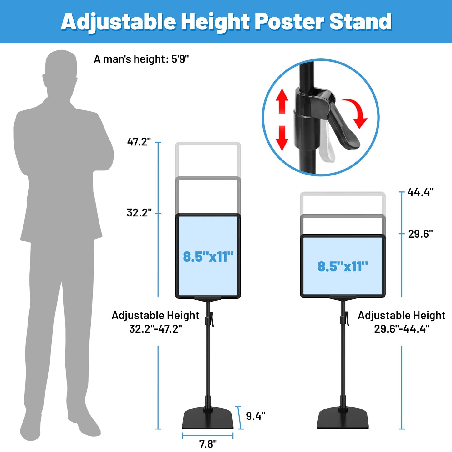 VAIIGO Sign Holder Stand 8.5 x 11, Adjustable Poster Stand for Table Top & Floor, Metal Signage Display Stands, Floor Standing Sign Holder for Advertisement, Tradeshow, Store, Business, 2 Pack