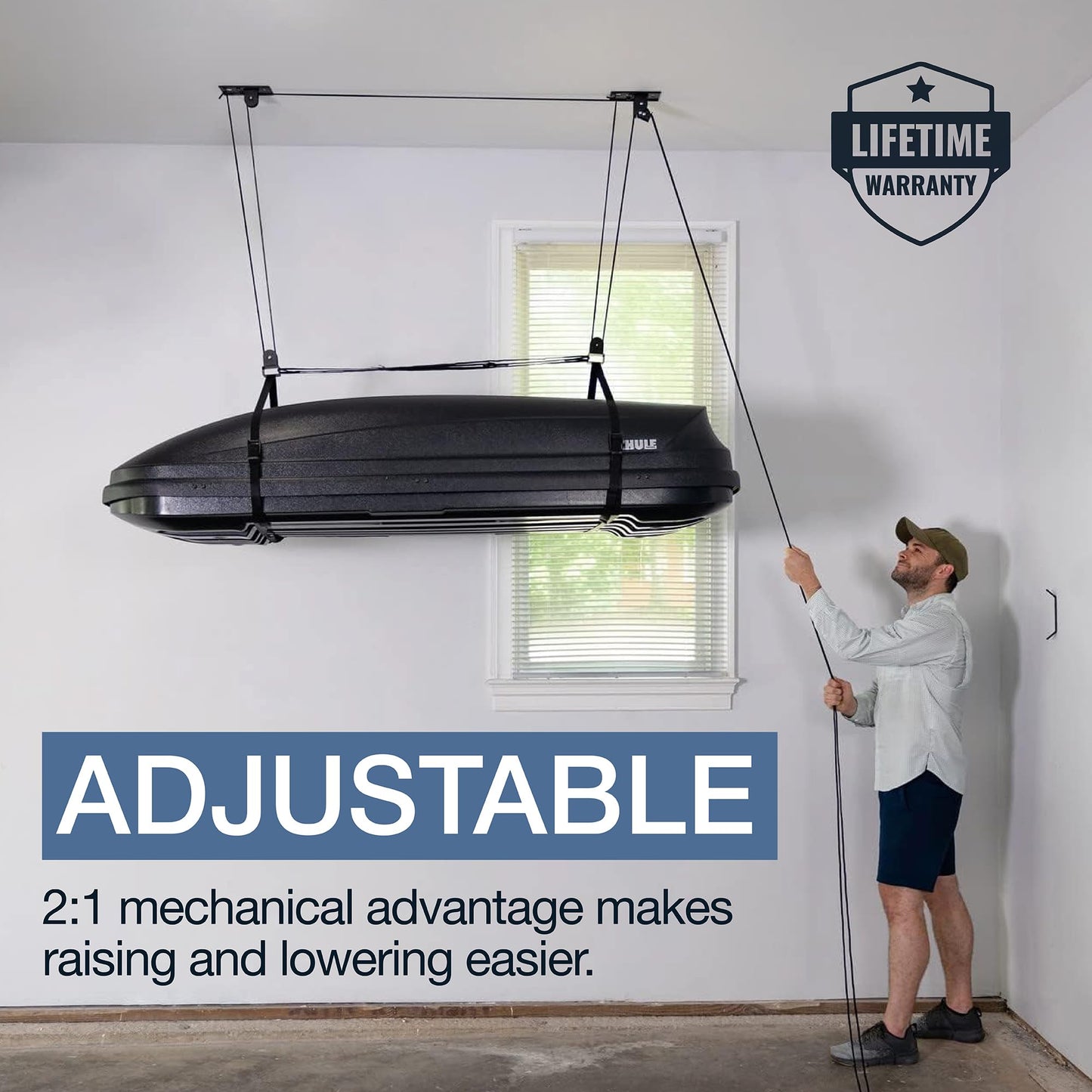 StoreYourBoard Cargo Box Ceiling Hoist – Heavy-Duty Garage Pulley Lift System for Rooftop Carriers, Fits 8–10 ft Ceilings, Cargo Box Storage, Garage Organization, Holds 150 lbs