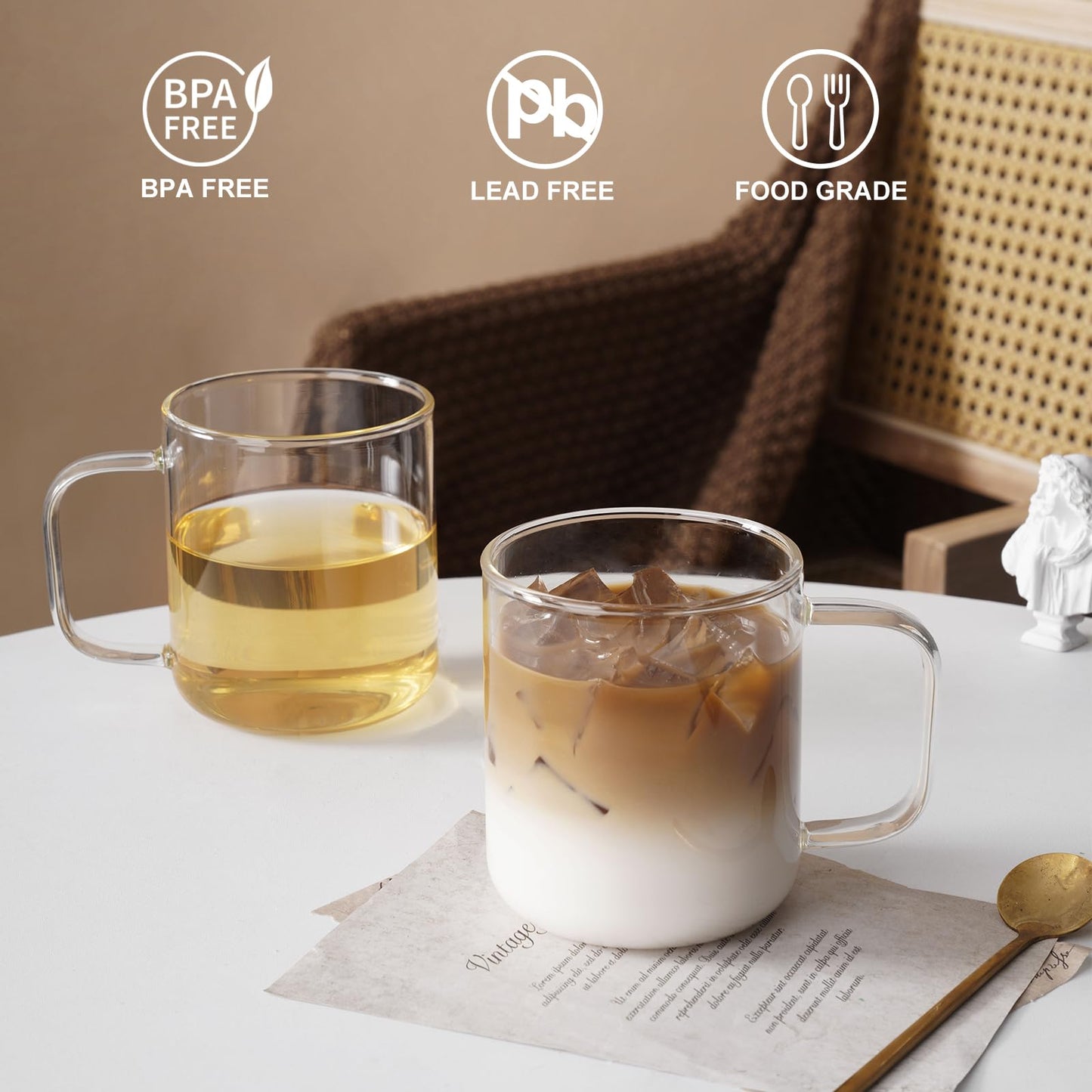 Rechano 17oz/500ml Glass Coffee Mugs Set of 4, Clear Large Wide Mouth Drinking Glasses with Big Handle for Hot/Iced Beverage, Latte, Cappuccino, Juice, Tea, Milk, Dishwasher Safe