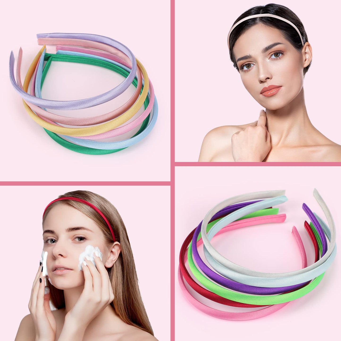 Xunyee 100 Pieces Thin Satin Headbands for Women Girls 0.4 Inch DIY Satin Covered Headbands Bulk Colorful Ribbon Head Bands Plain Hairbands Narrow Hair Band(Multi Colors)