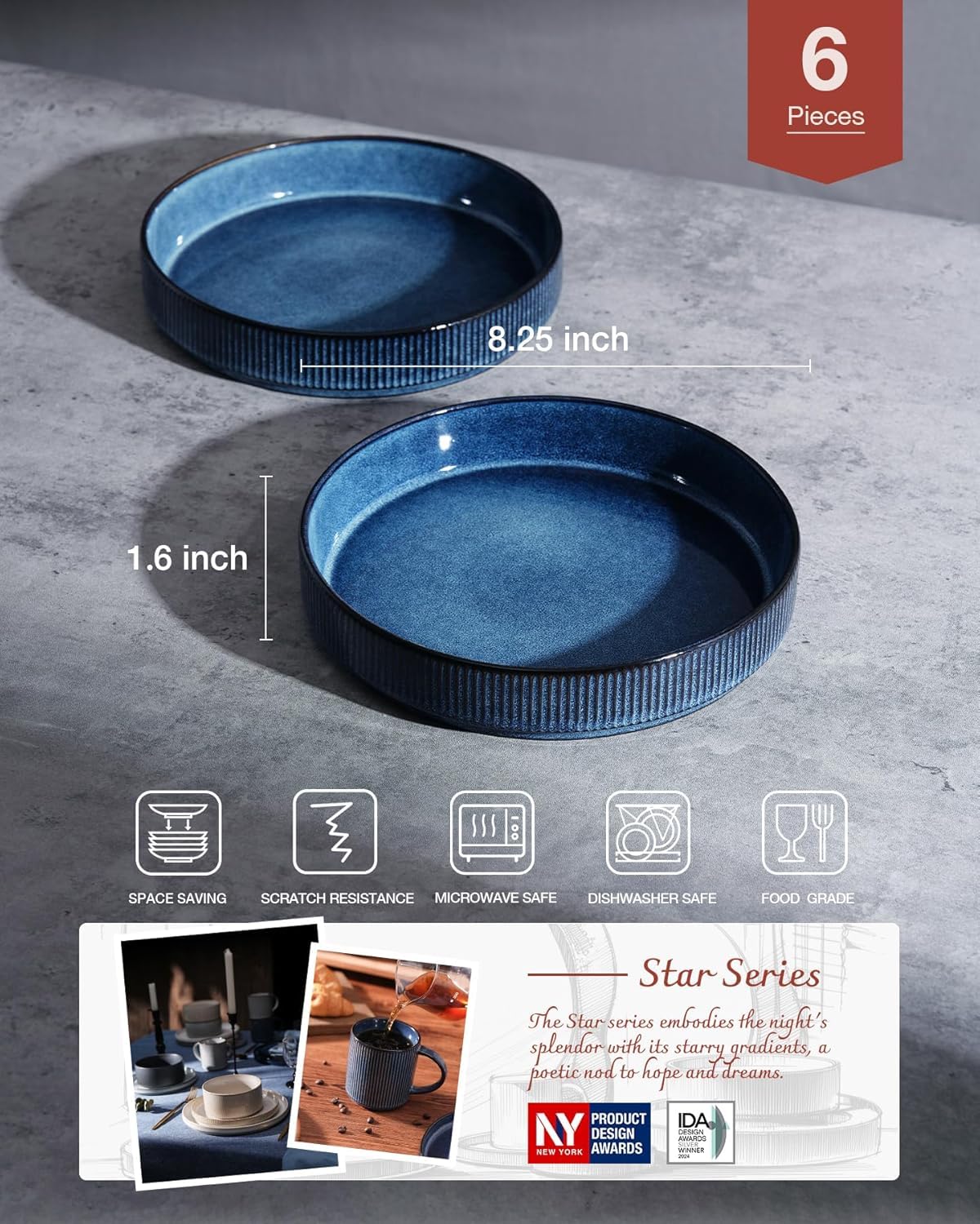 Richmount Star 8.25" Pasta Bowls, Large Dinner Bowls Set of 6, Salad Bowl Plates, Shallow Bowls for Eating, Nebulas Blue