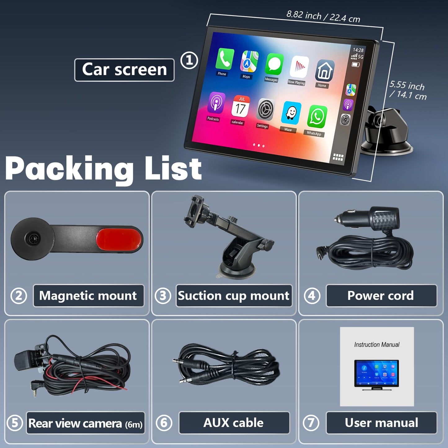 9'' Carplay Screen for Car, Wireless Carplay & Android Auto, Rotatable Car Play Screen with 1080P Backup Camera, Android Auto Screen with Mirror Link, Bluetooth, GPS Navigation, Voice Assistant