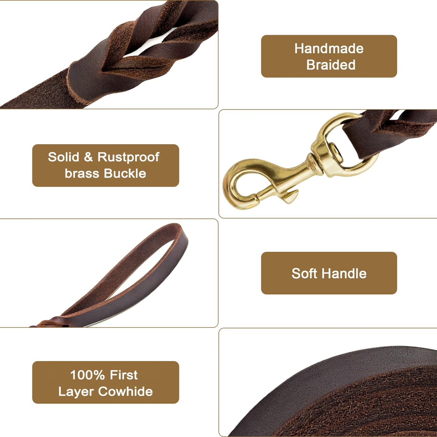 Guiding Star Brown 10ft Braided Leather Dog Training Leash with Copper Hook, Heavy Duty Dog Leash for Large, Medium and Small Dogs, Two Sizes for Your Choice (L)