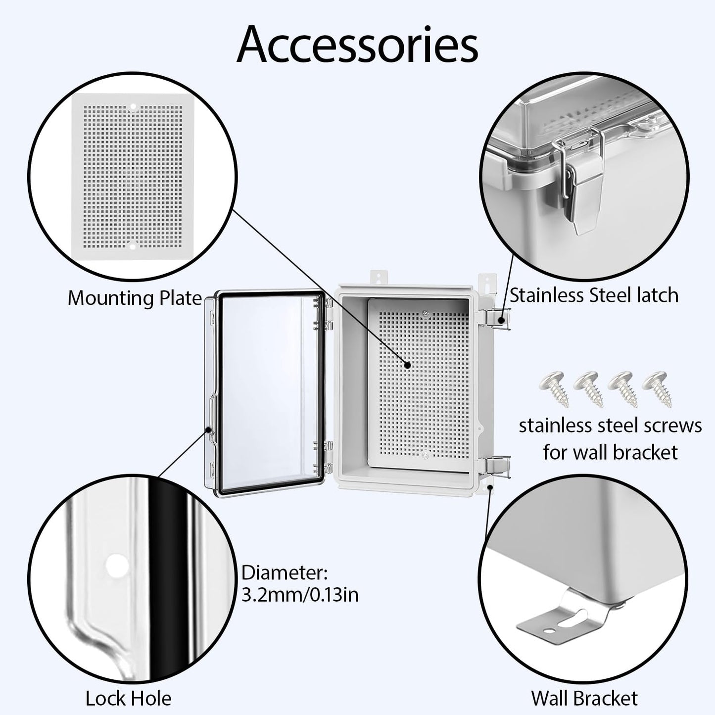 LeMotech ABS Junction Box Hinged Clear Cover Stainless Steel Latch IP67 Waterproof Enclosure with Mounting Plate Wall Bracket for Electrical Project 8.7x6.7x4.3 inch (220x170x110mm)