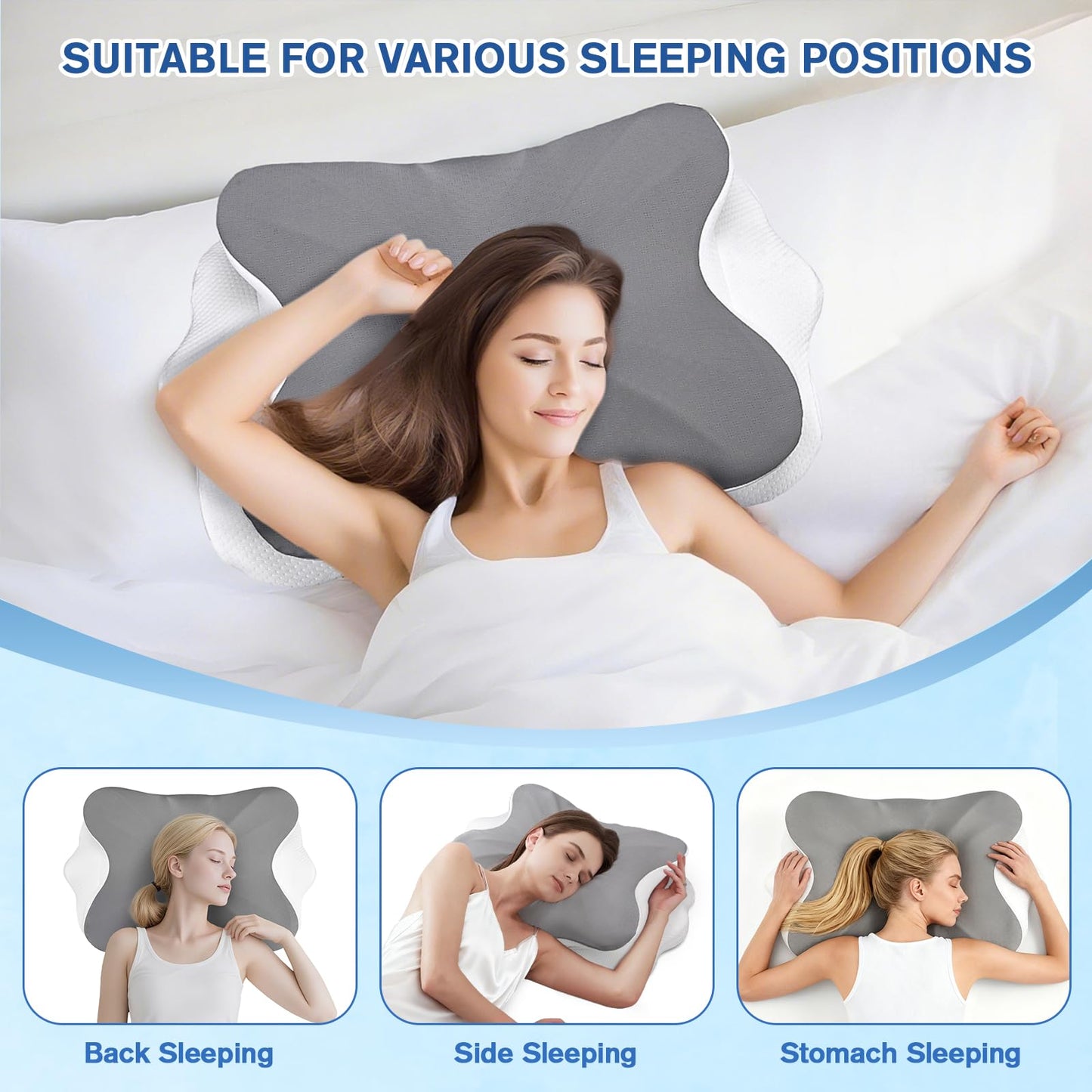 Uvellgift Cervical Neck Pillow, 2 Heights Neck Support Pillow for Neck Pain & Snoring Relief, Ergonomic Pillow for Side and Back Sleepers, Sleep Apnea Pillow with Breathable Ice Silk Cover (Grey)