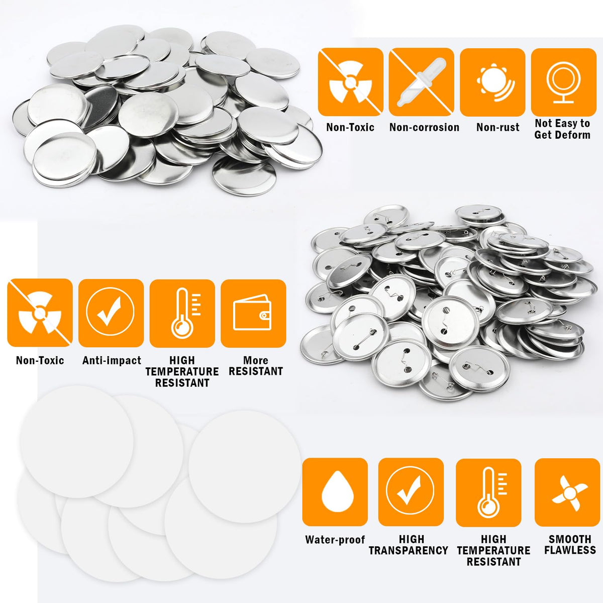 300pcs Button Making Supplies, 58mm/2.28 inch Full Metal Blank Buttons Round Badge Pin Button Parts with Transparent Film Button Making Kit for Machining Wearing Buttons and DIY Crafts