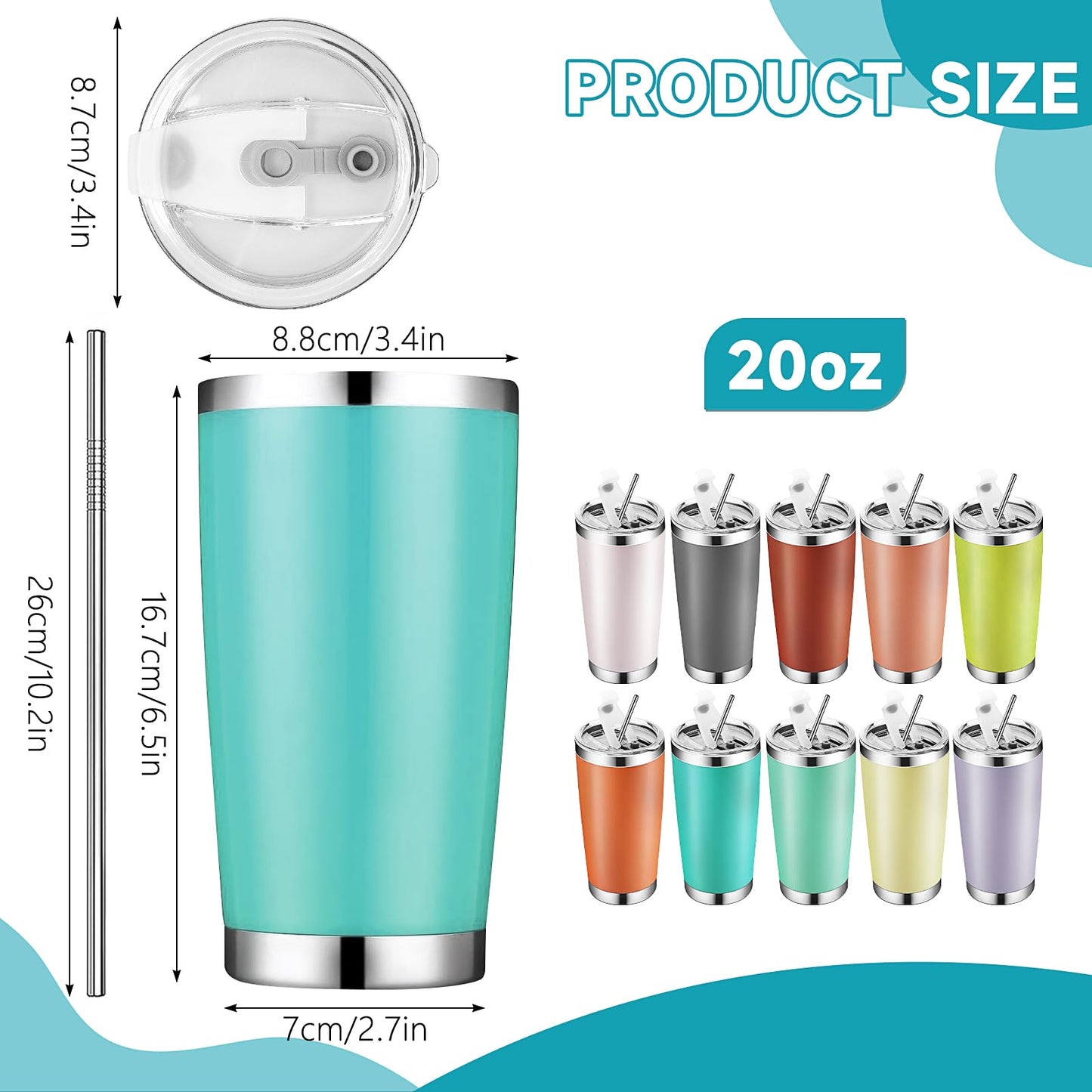 10 Pack Stainless Steel Tumbler Bulk,20 oz Double Wall Vacuum Insulated Travel Mug with Lid and Straw,Reusable Water Coffee Cup for Cold Hot Drinks,10 Colors