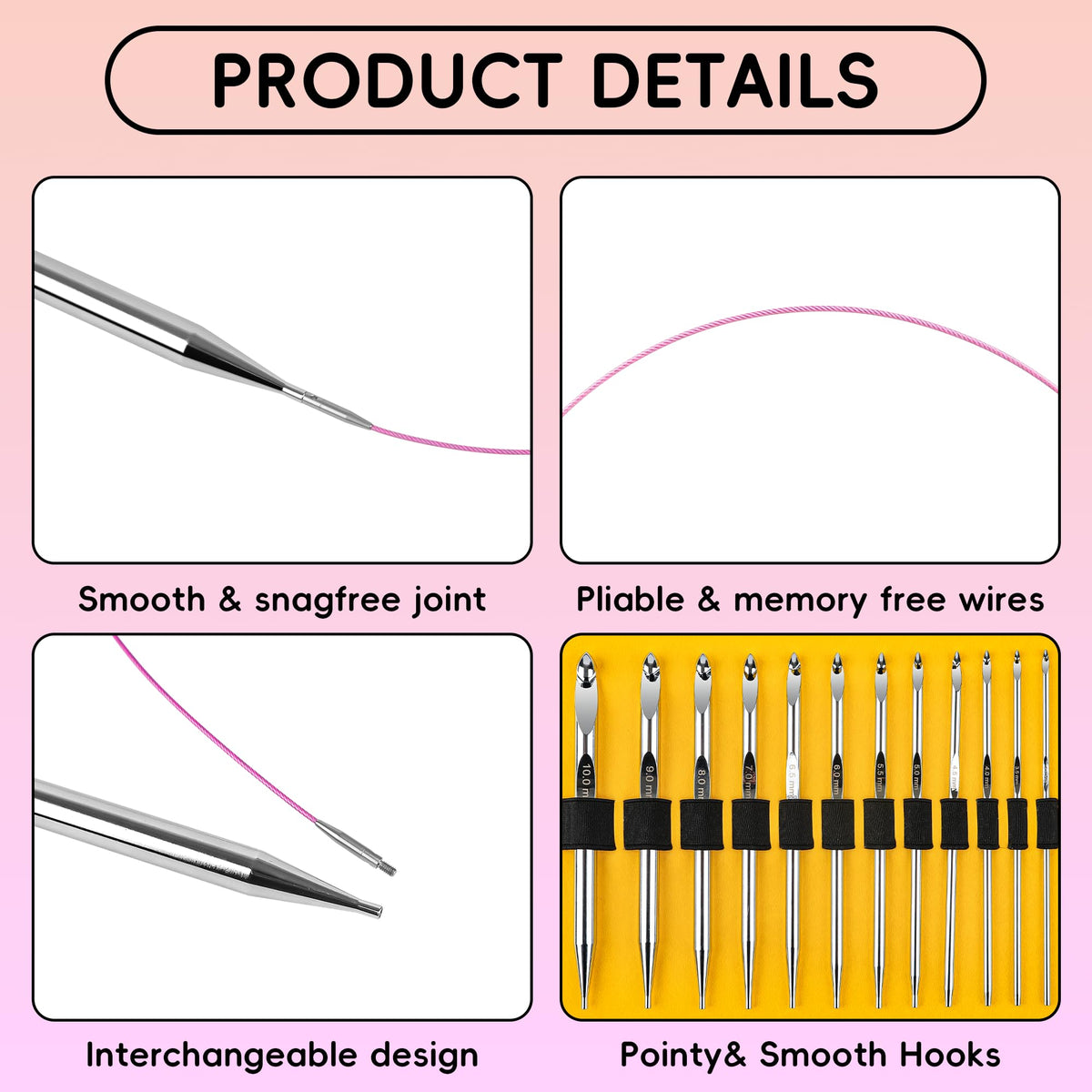 Tunisian Crochet Hooks Set with Cable, 26PCS Interchangeable Aluminum Crochet Hooks 3mm-10mm, Long Crochet Hooks, Anti-Twist Swivel Cables, Ergonomic Lightweight Crochet Hook Set with Case