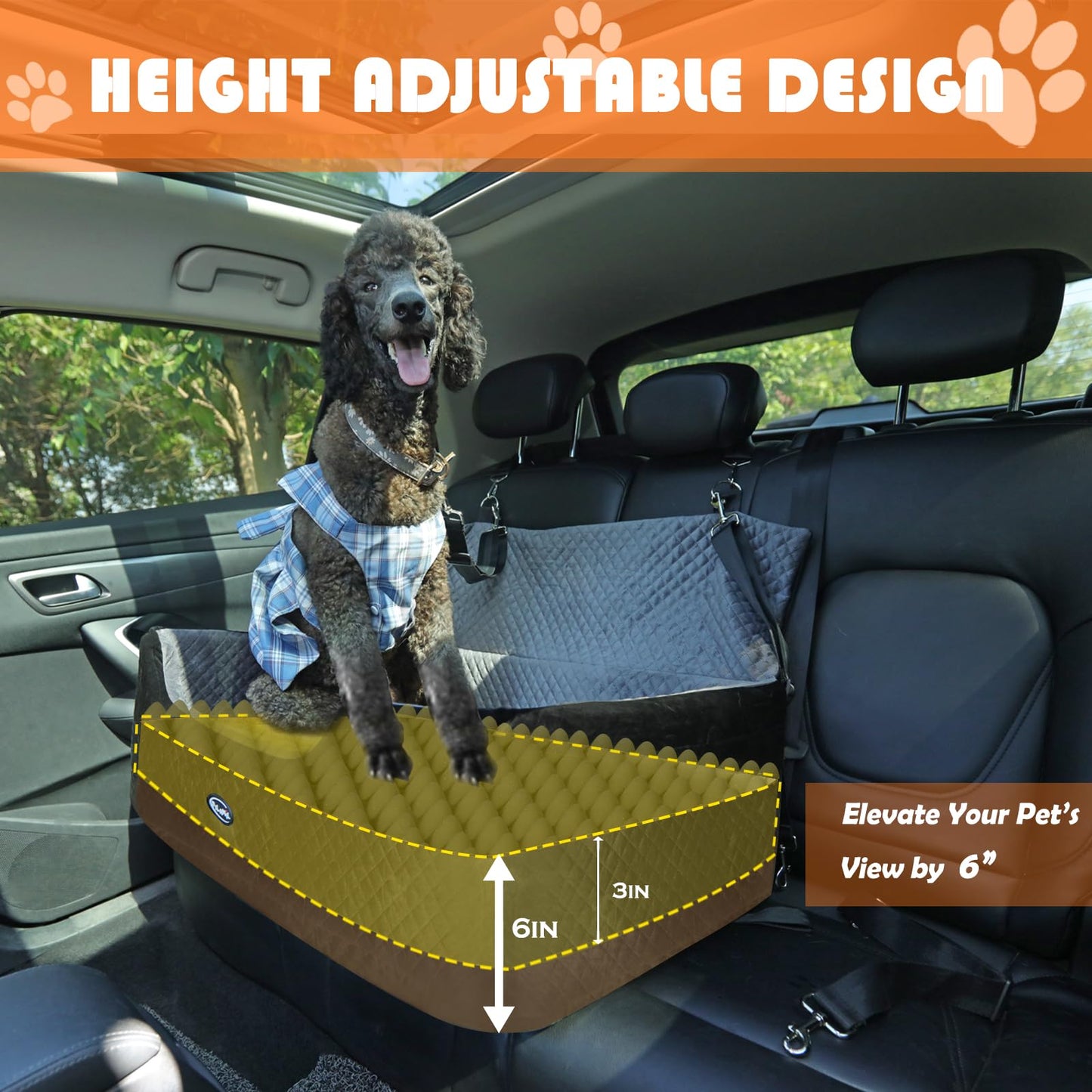 PALAMIL Dog Car Booster Seat for Large/Medium Dogs or 2 Small Dogs, Waterproof Elevated Pet Car Seat with Thick Cushion and Storage Pockets, Black/Grey