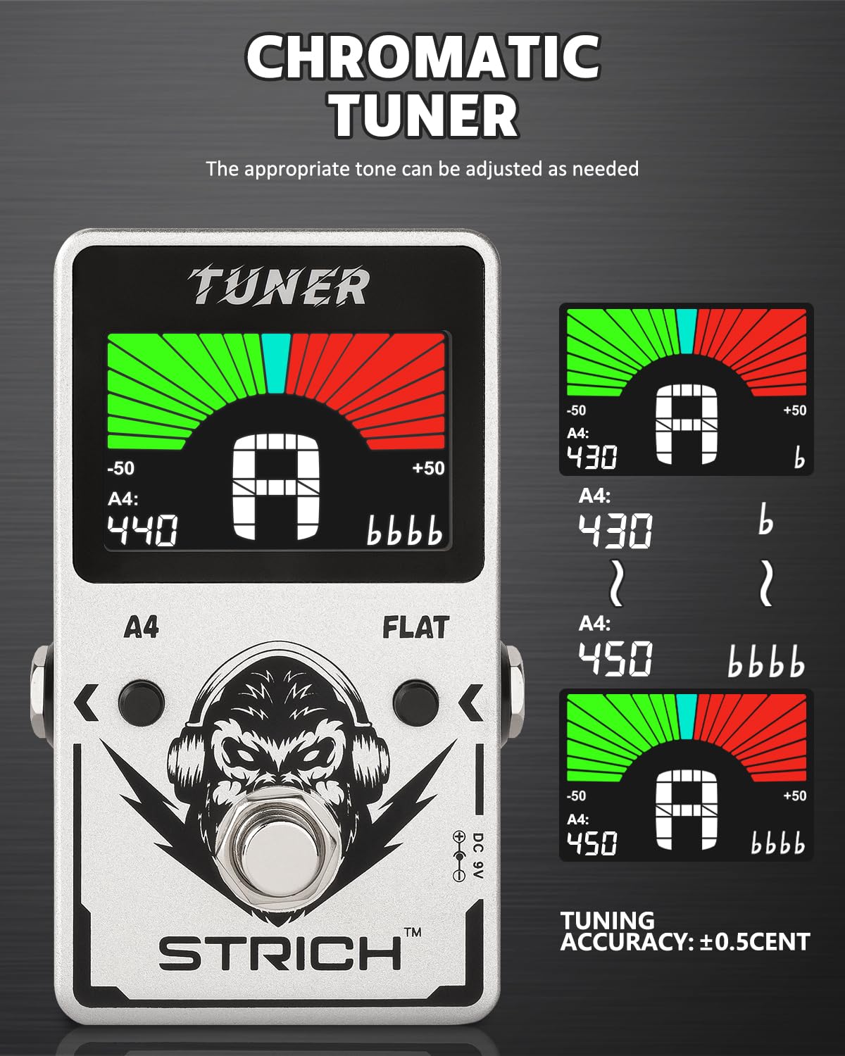 STRICH Guitar Tuner Pedal with Large Color Screen, Precision Chromatic Drop Tuning, 430-450Hz A4 for Electric Guitar, True Bypass, Silver