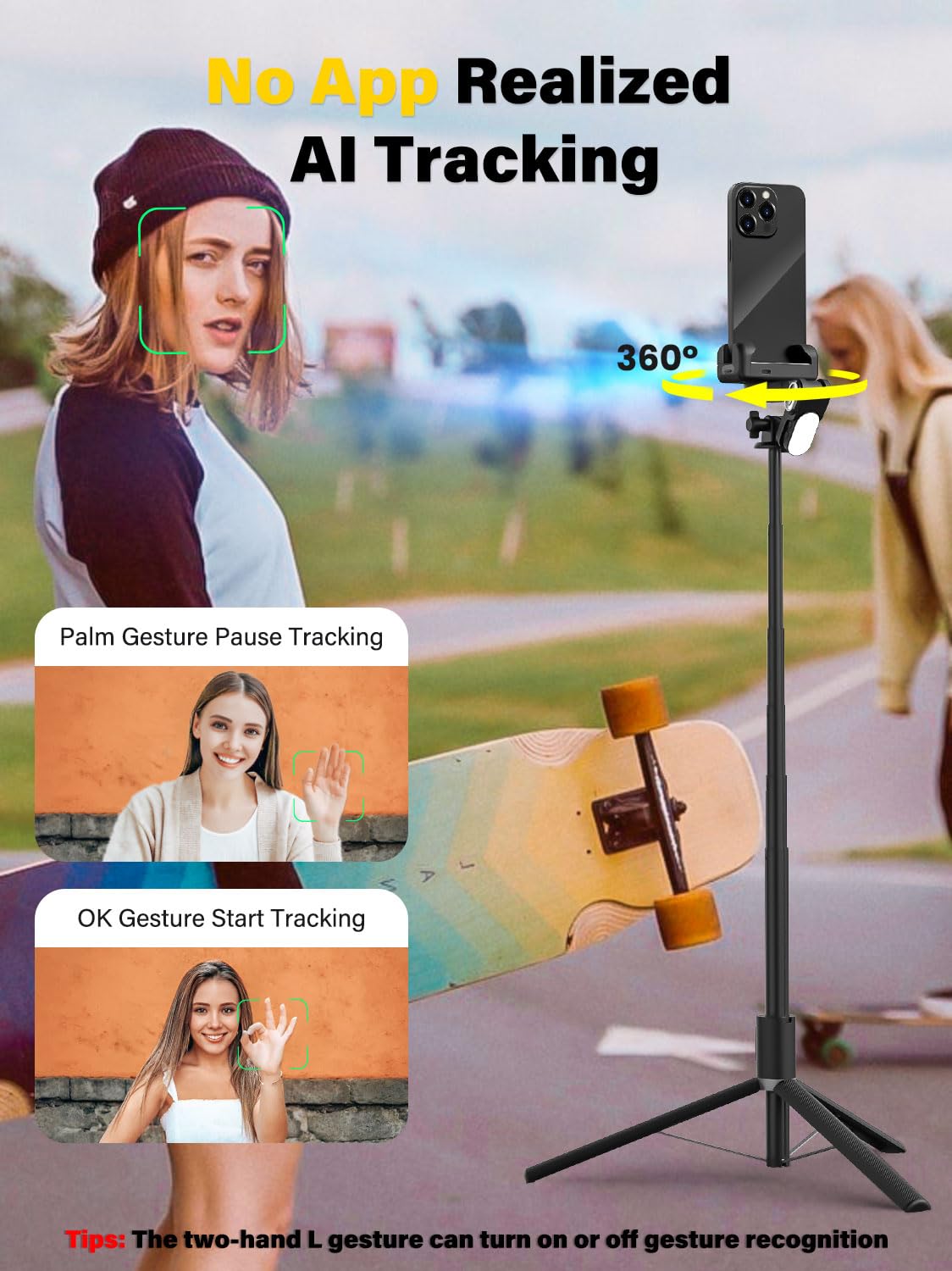 AOCHUAN Gimbal Stabilizer Face Tracking Without APP, 4 in 1 RGB Light Stabilizer, Handheld Portable Phone Tripod for iPhone&Android, Built-in Extension 108cm, M2PRO Black