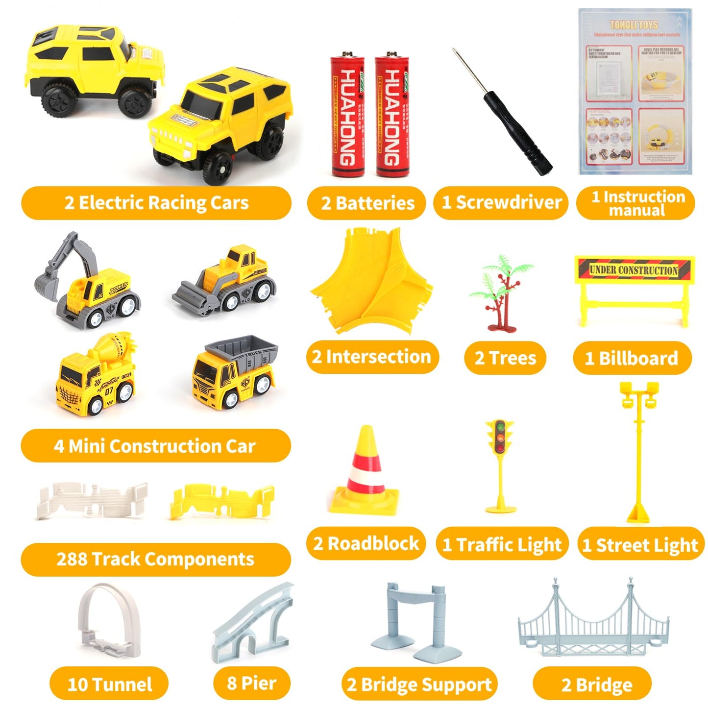 329 pcs Race Track Set for Toddler, Construction Track Car Toys, Flexible Car Tracks with 6 Cars, Presents for Kids 3 4 5 6 Year Old Boys Girls