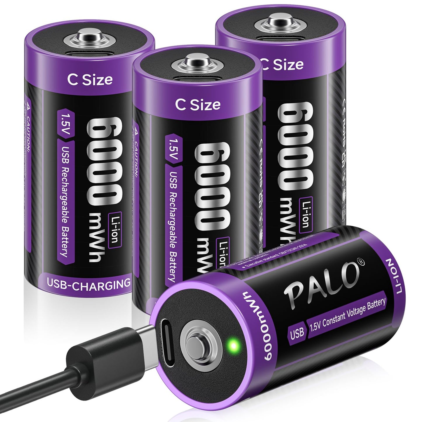 Rechargeable C Batteries 4 Pack, 1.5V C/lr14 Cell Batteries with USB-C Charging Cable, 6000mWh Size C Battery for for Flashlights, Toys, Clocks