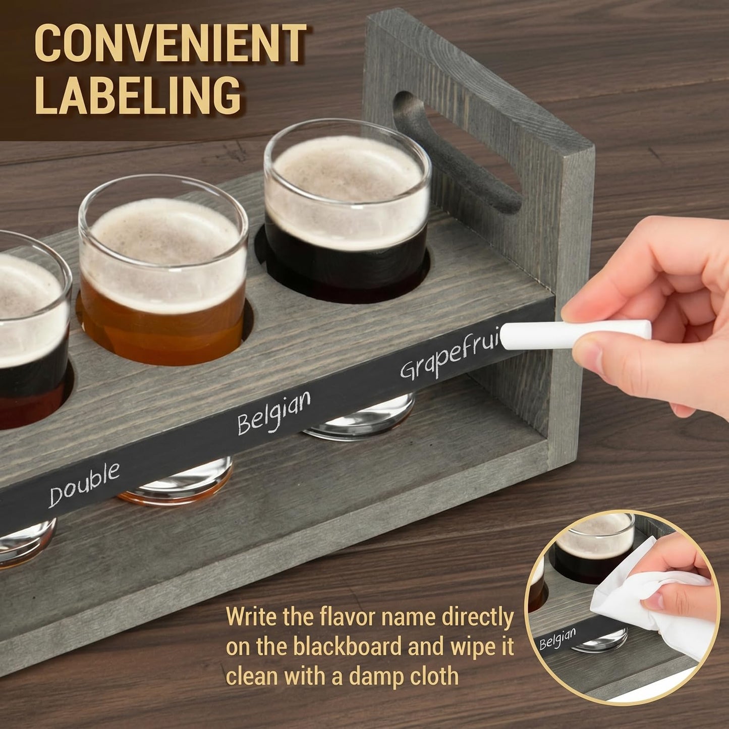 MyGift Vintage Gray Wood Beer Flight Sampler Serving Tray Caddies with Chalkboard Panels & 4 Tasting Glasses, Set of 2
