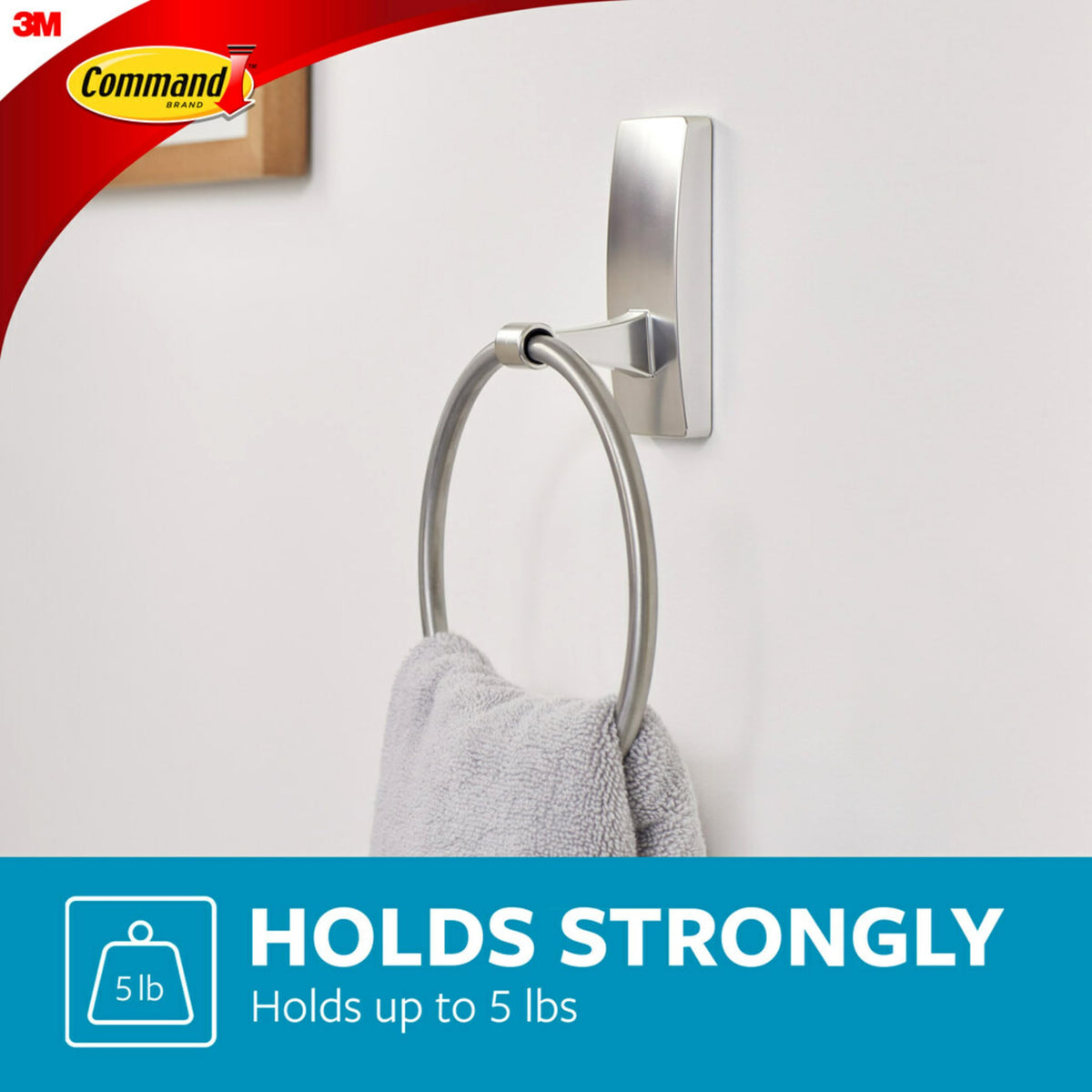 Command Hand Towel Holder Satin Nickel with Water Resistant Command Strips, Rust Resistant Bathroom Organizer, Holds up to 5 lbs, Large