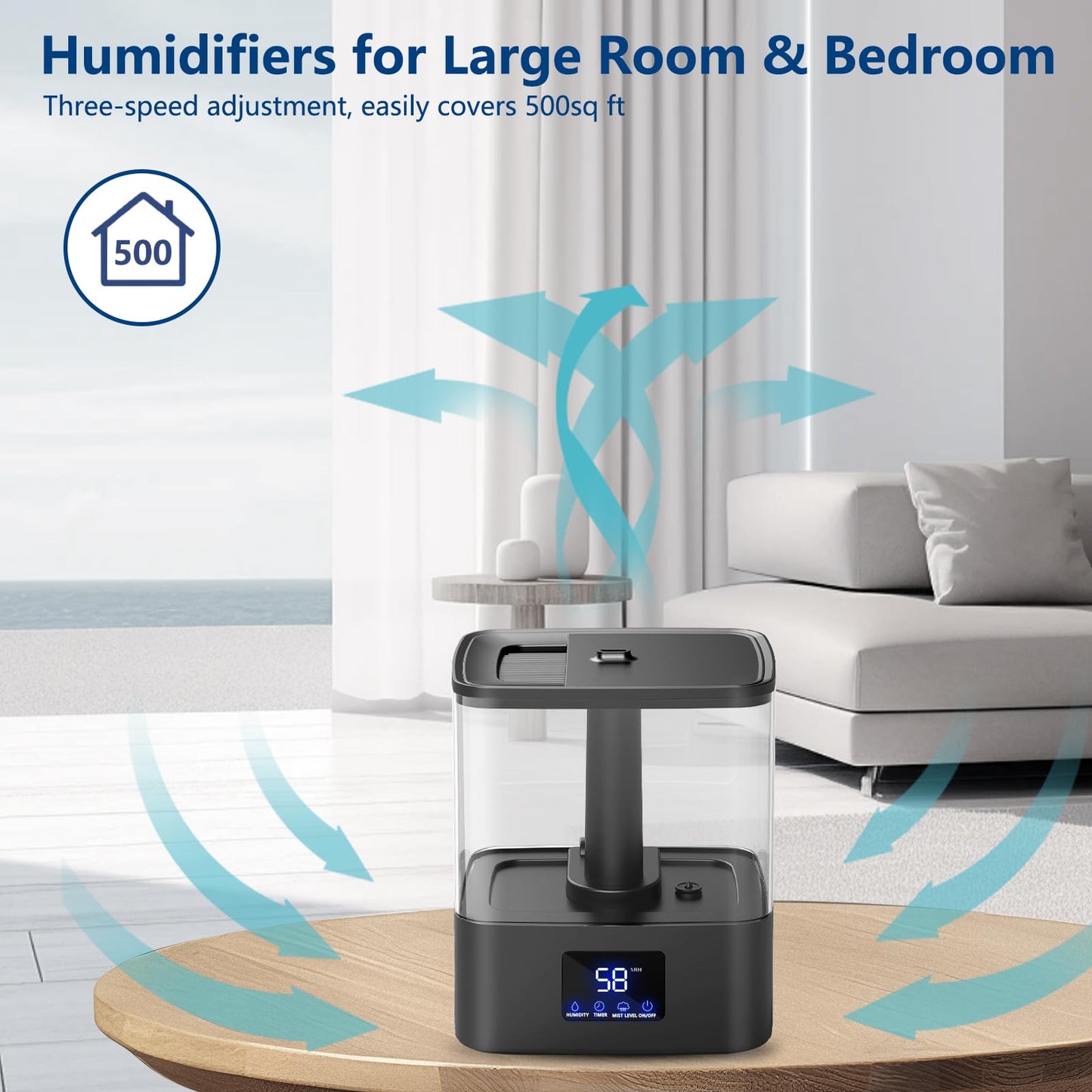 KZF Top Fill Humidifiers for Bedroom & 60H Runtime - Cool Mist Humidifier, 3 Mist Levels, 8H Timer, Essential Oil Tray, Humidity Display, Quiet for Bedroom, Baby, Plants, Large Room (4L)