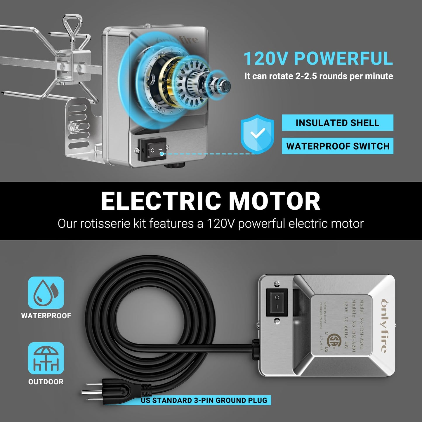 Onlyfire Universal Grill Electric Replacement Stainless Steel Rotisserie Motor 120 Volt 4 Watt On/Off Switch- 30 lb. Load, OEM/ODM, Aftermarket