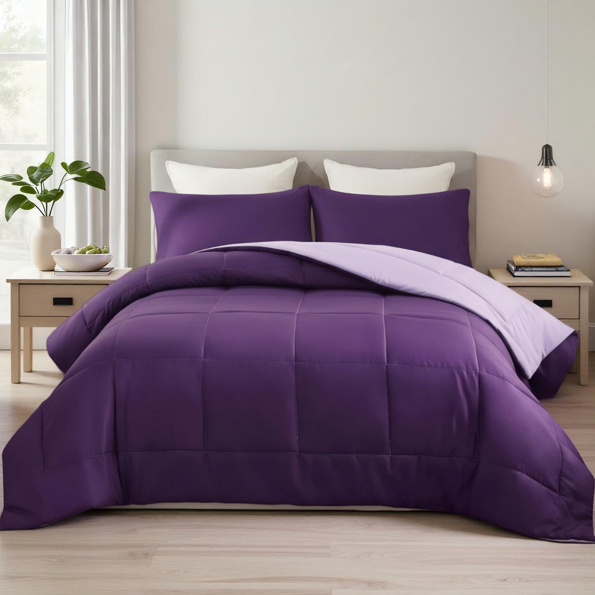 Exclusivo Mezcla Lightweight Reversible Queen Size Comforter Set, Down Alternative Comforter with 2 Pillow Sham, Queen Size Bedding Set for All Seasons, Deep Purple/Lilac