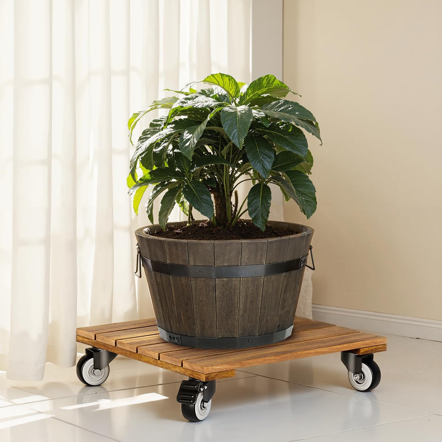 2pack Wood Plant Caddy With Wheels Heavy Duty, 264 Lbs Capacity, Upgraded 12 Inch Acacia Hardwood Plant Dolly, Plant Stand with 360° Lockable Wheels, Plant Caster for Heavy Objects Hauling - Natural