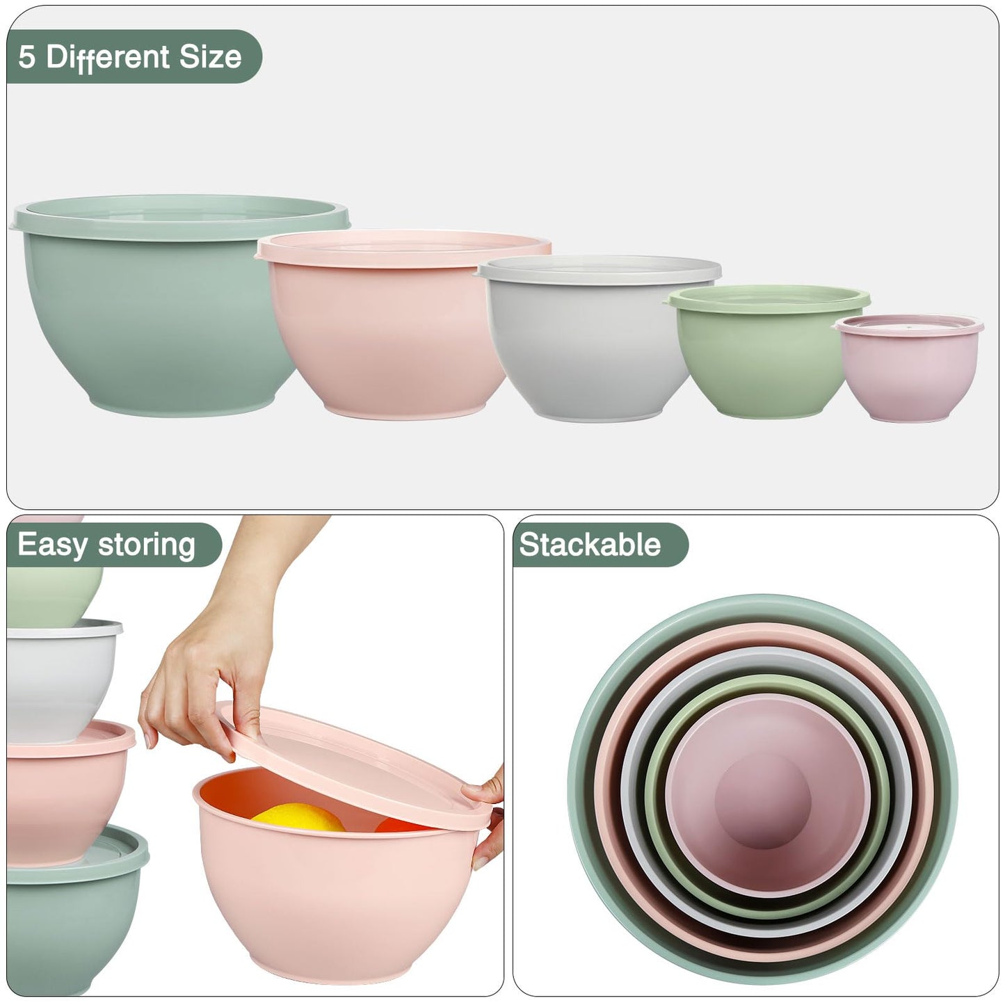 Greentainer Plastic Mixing Bowl Set with Lids for Kitchen, Nesting Storage Bowls for Baking, Prepping,Cooking and Serving Food, Dishwasher, Microwave Safe,Great for Mixing & Serving (5pcs Pink)