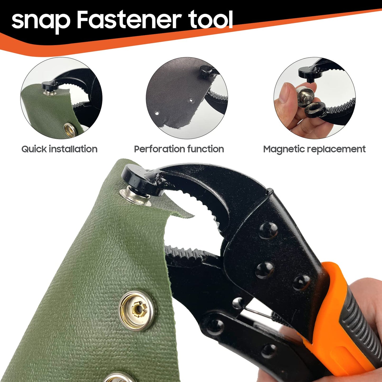 Heavy Duty Snap Fastener Tool kit, Punching Function, Snap Button Tool with Adjustable Setter, 15mm snap Tool Includes 100 Sets Marine Snaps