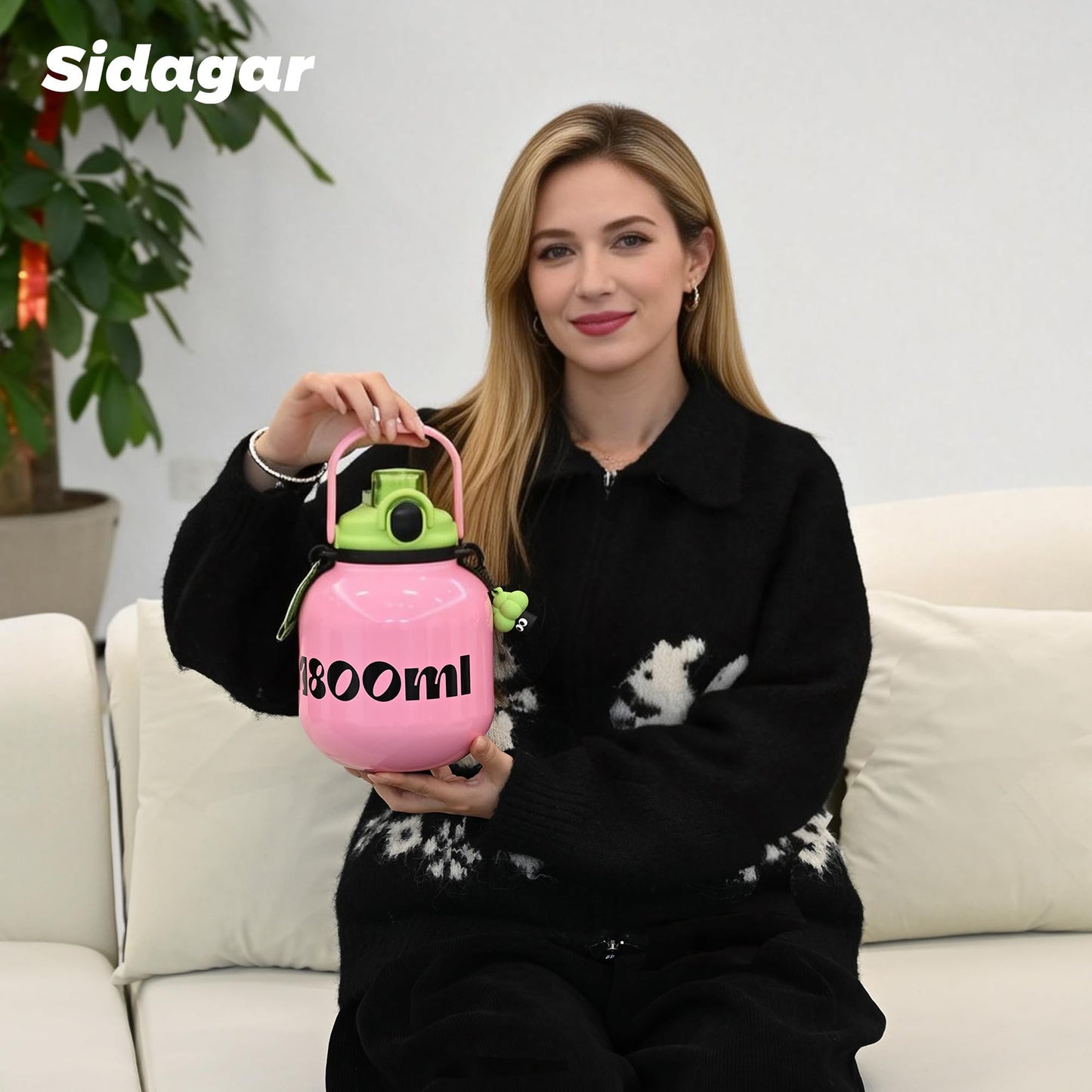 Sidagar 60 oz Half Gallon Insulated Water Bottle with Handle, 316 Stainless Steel Leakproof Large Travel Flask with Cute Doll Charm, Aesthetic Strawberry Pink Gift for Women Girl