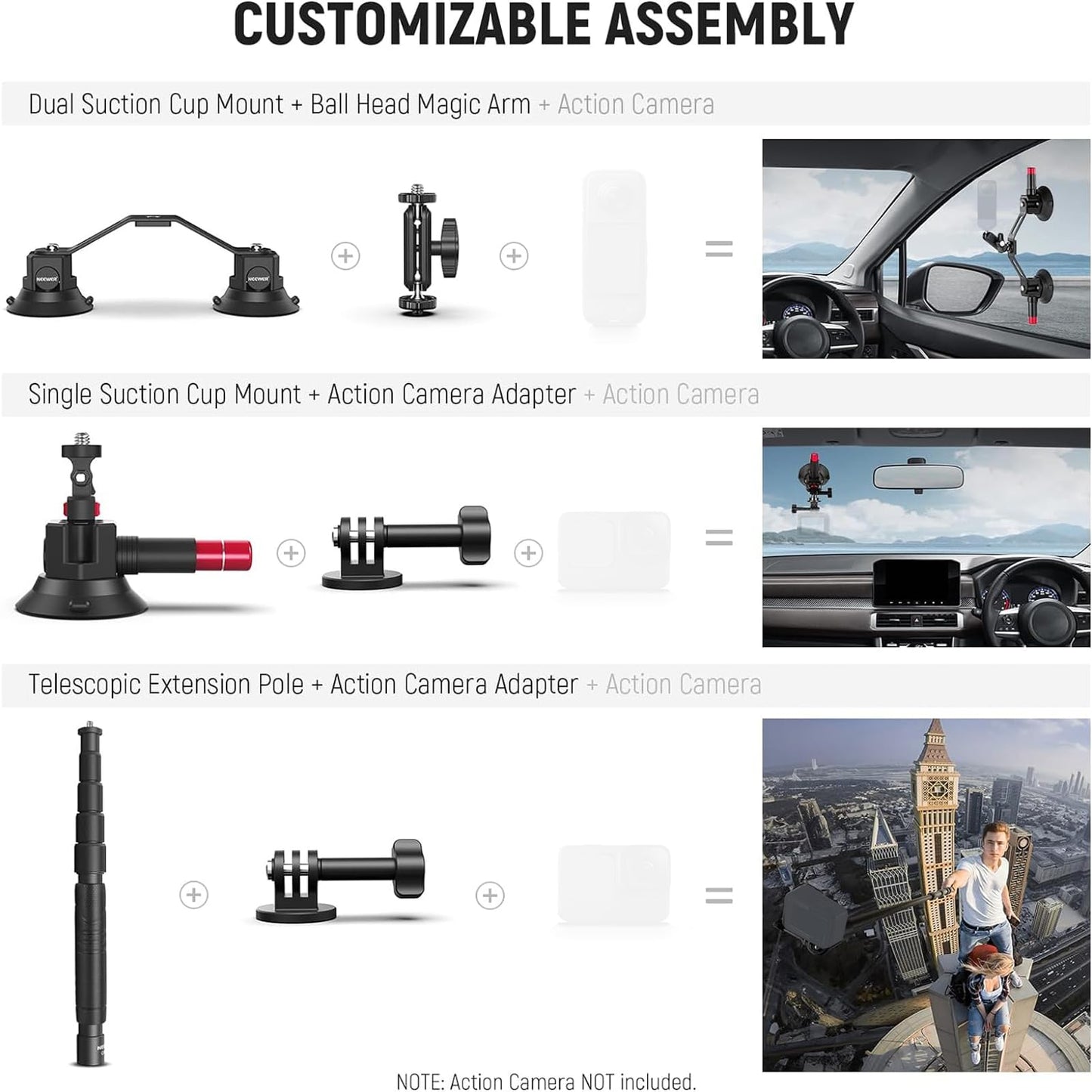 NEEWER Triple Suction Cup Car Mount Kit with 2in1 Extension Pole/Selfie Stick, Quick Release Outside Windshield Magic Arm Camera Mount with Action Camera Adapter Compatible with GoPro Insta360, CA065