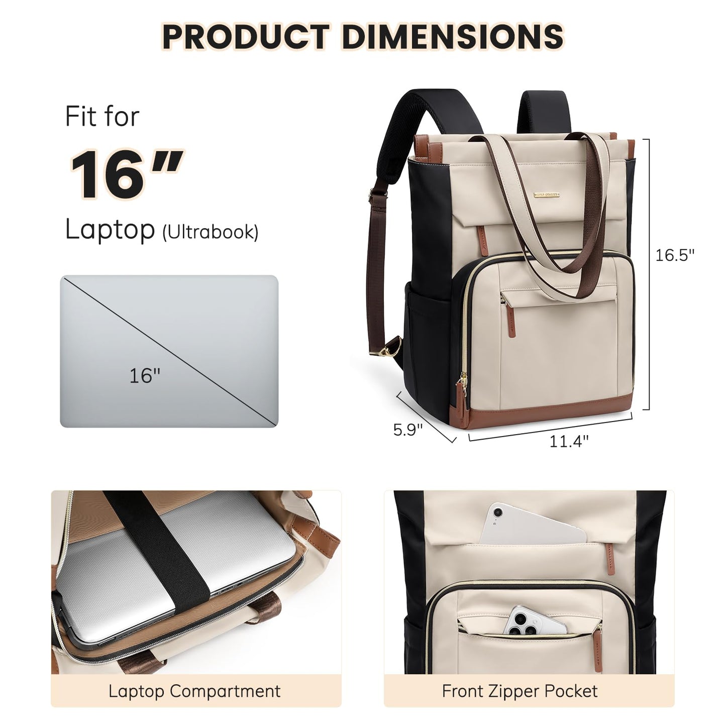 GOLF QUALITY Convertible Laptop Backpack for Women Carry on Tote Daypack Bookbag for College Work Nurse Travel,16Inch,Apricot Brown