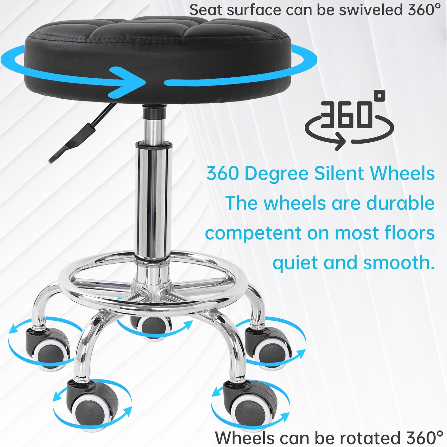 BQKOZFIN PU Leather Modern Round Rolling Stool Adjustable Height Salon Stool for Spa Facial Massage Tattoo (Black)