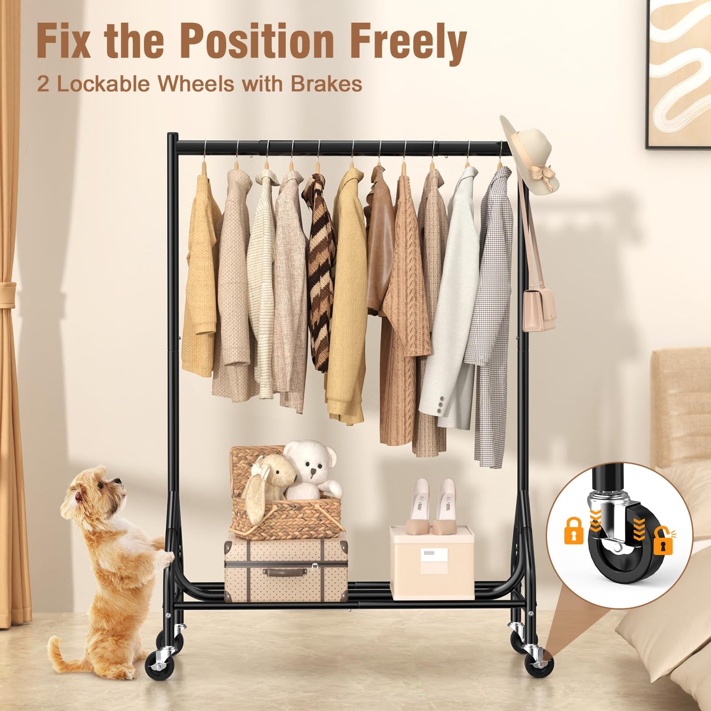 EAGMAK Heavy Duty Clothes Rack Load 420 LBS, Rolling Garment Rack with Lockable Wheels, Standing Metal Clothing Hanger, Portable Wardrobe Sturdy Coat Organizer for Hanging Clothes (Black)