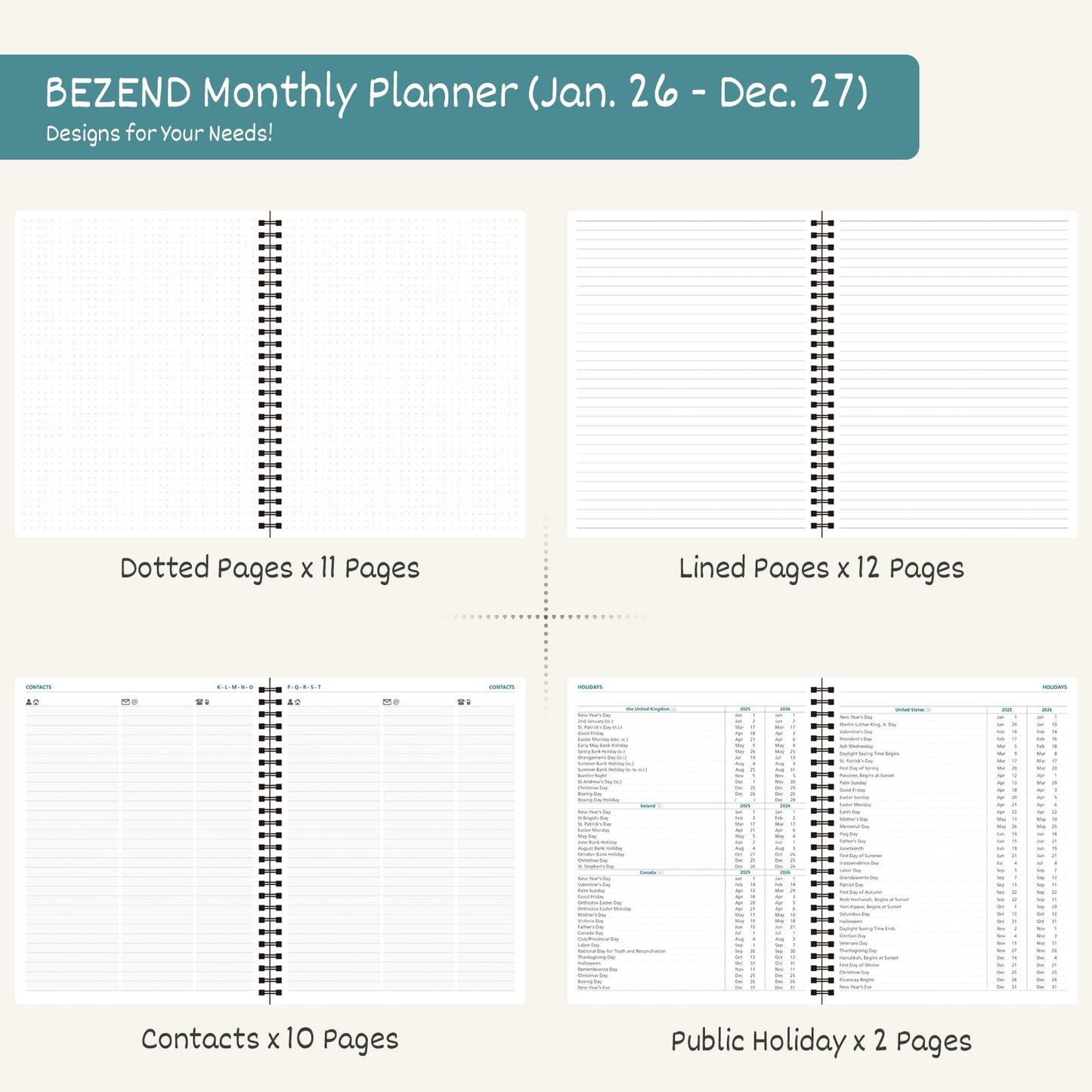BEZEND Monthly Planner 2026-2027 (Spiral-8.5" x 11"), 2 Year Agenda with Note Pages -Jan 26 to Dec 27 Calendar with Laminated Tabs, 120 GSM Paper, Inner Pockets, Vegan Leather Softcover -Black
