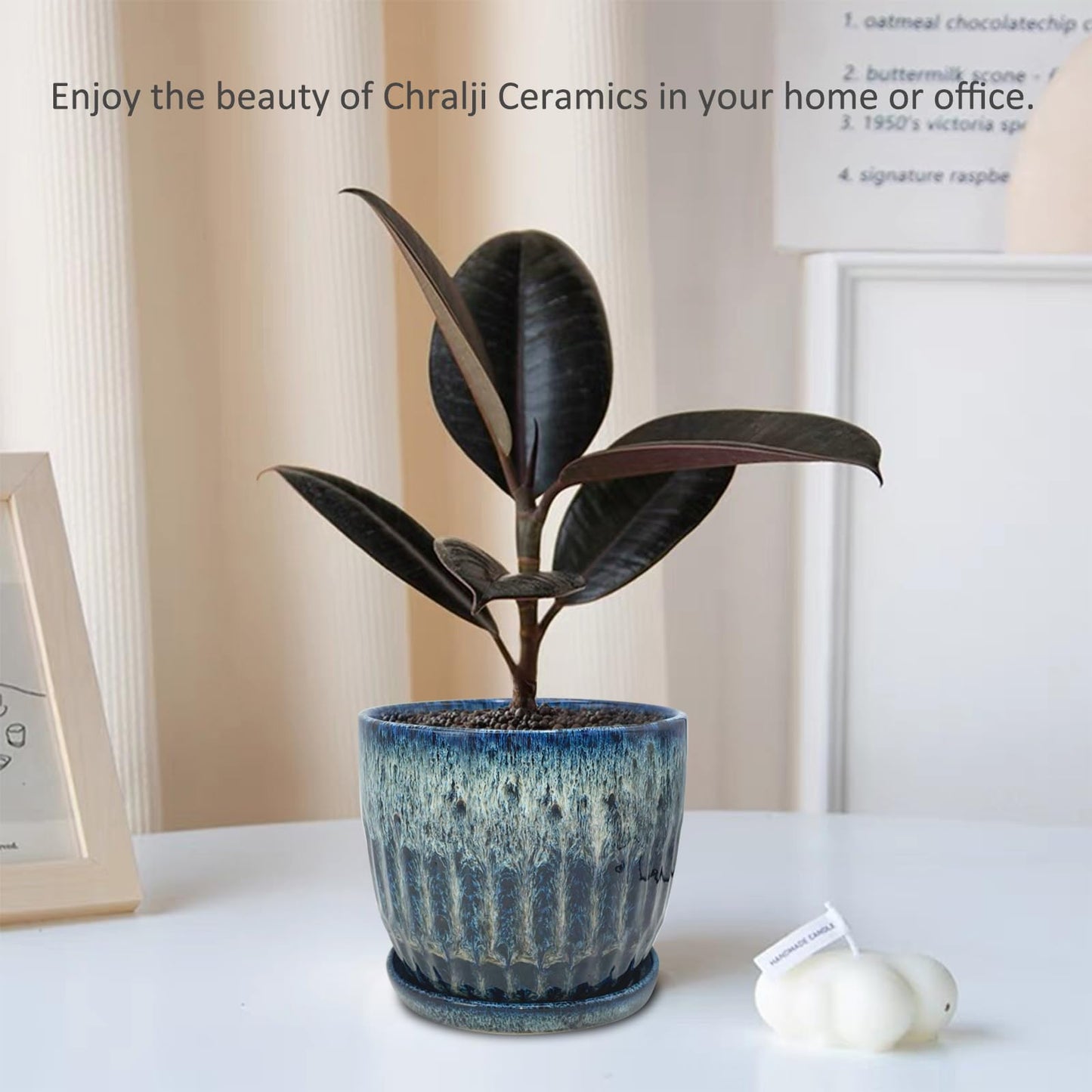 Chralji GIFTWARE Ceramic Pots for Plants, 6in Ceramic Planters for Indoor Plants, Flower Pots with Drainage and Saucer, Reactive Glaze Blue