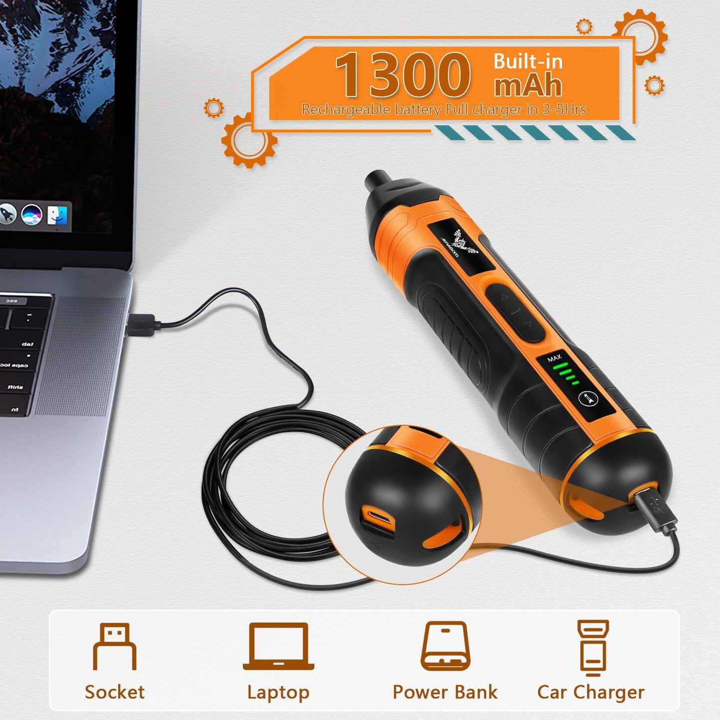 JENABOM 105 in 1 Electric Cordless Screwdriver,4-Gear Torque,LED Light,5N.m Max Adjustable Torque,3.6V Rechargeable Screwdriver for Daily & Light Industrial use (Orange)
