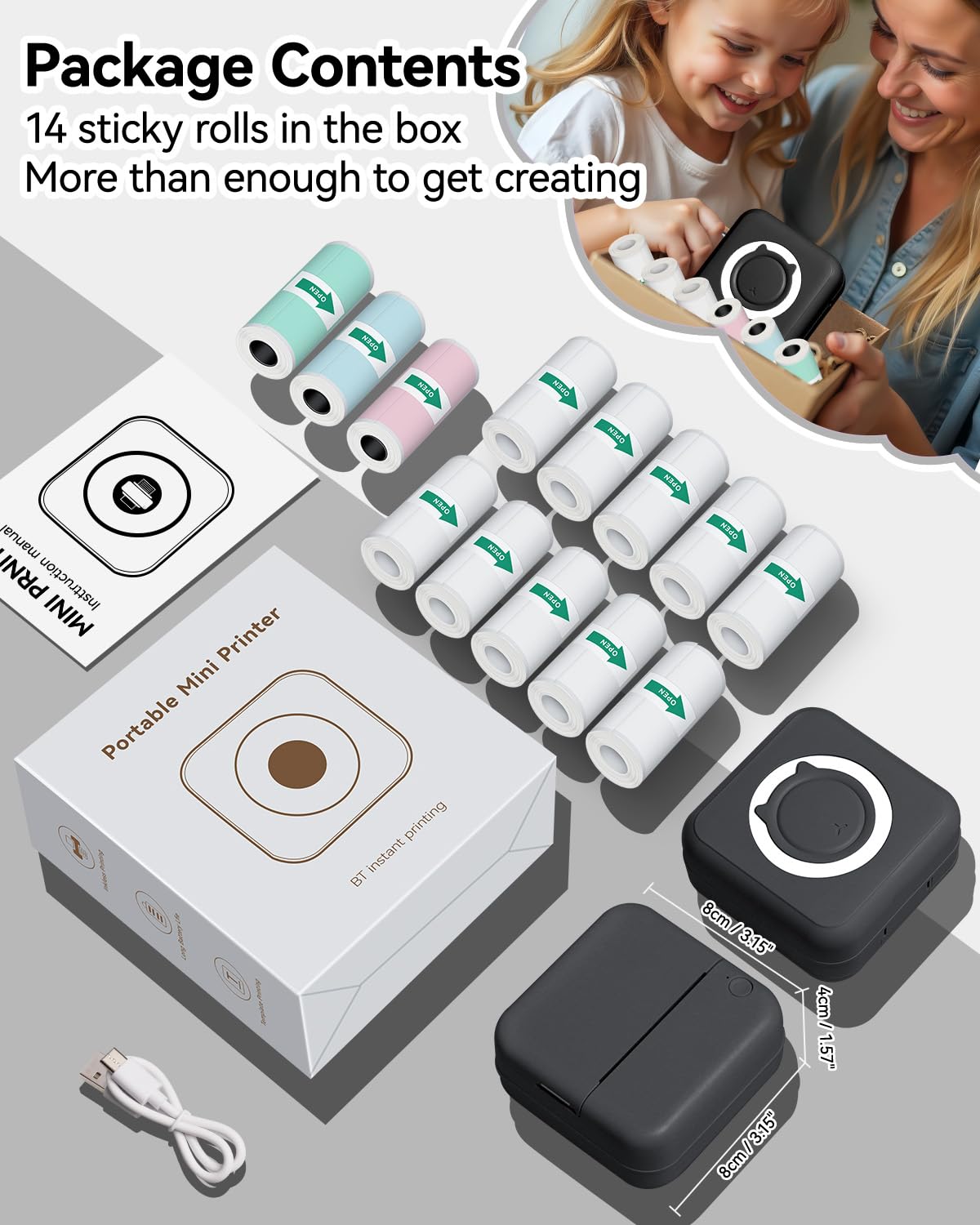 Aptika Sticker Printer - Print Pod 2.0 Mini Printer with 14 Rolls Sticky Paper, Thermarote Portable Sticker Maker Machine, Thermal Label Maker, Thermanote Labeller for Photos Notes Graphics, Black