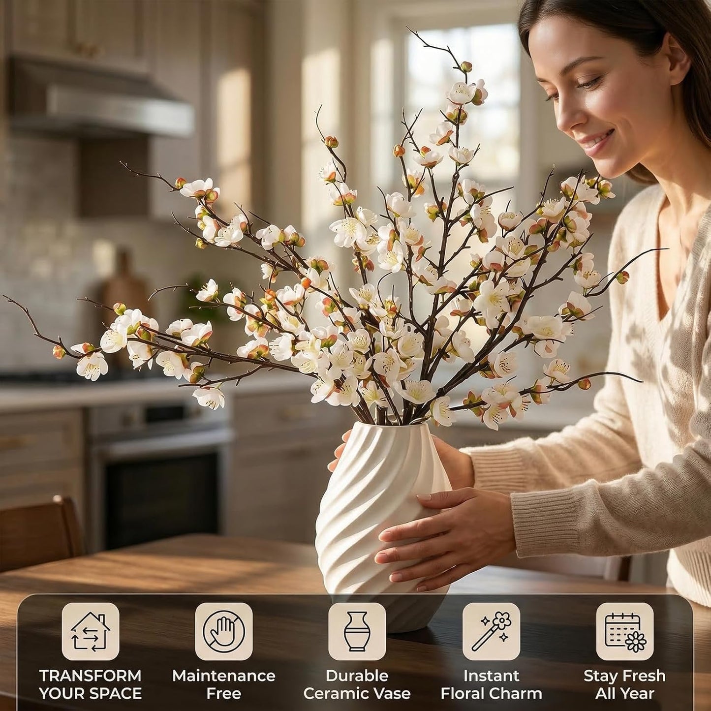 Betylifoy Artificial Plum Blossom Flowers 4Pcs Faux Silk Cherry Blossom 38" Long Stems Fake Plum Blossom Branches Artificial Silk Flower for Flowers Arrangement Wedding Home Table Decor (White, 4PCS)