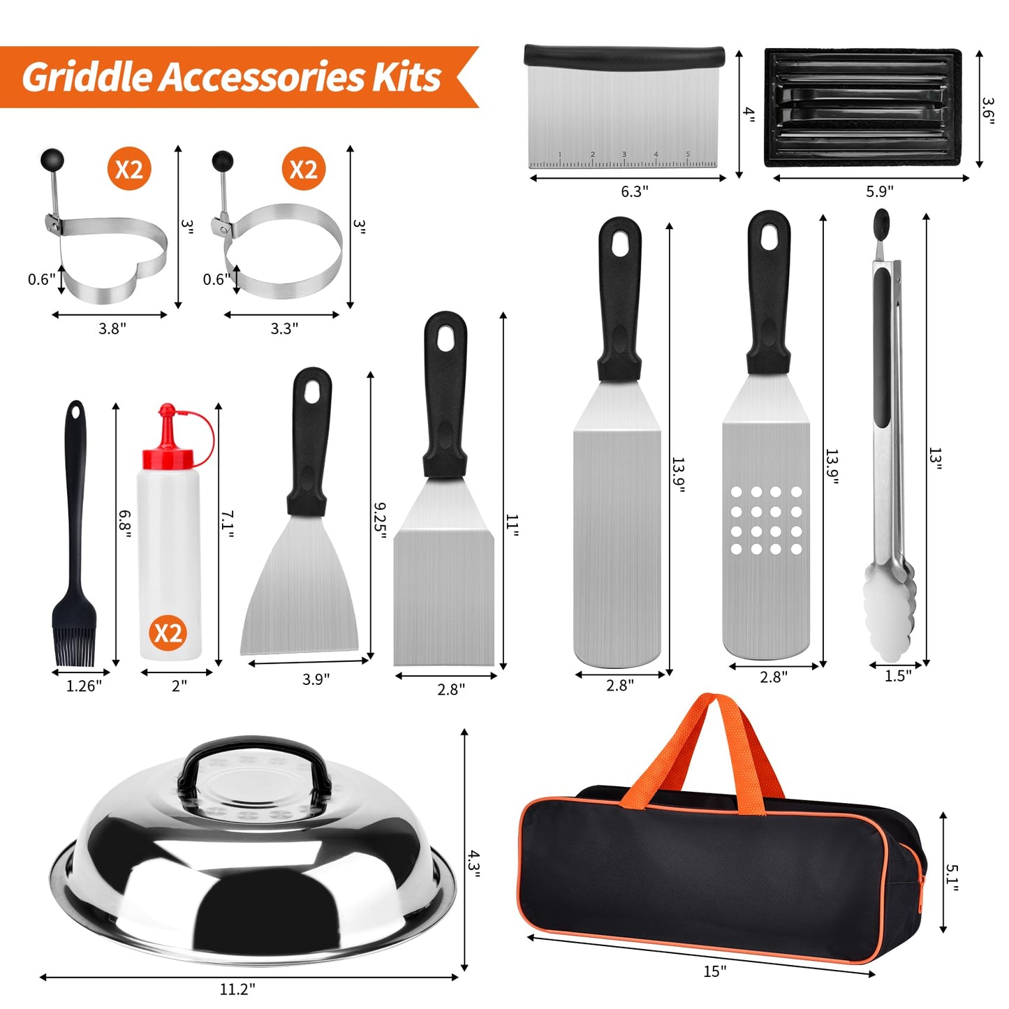 Bbcuepro 16 PCS Griddle Accessories Kit - Stainless Steel Flat Top Grill Spatula Kit for Outdoor Barbecue Teppanyaki Camping Cooking, Blackstone and Camp Chef - Professional Grill BBQ Spatula Set