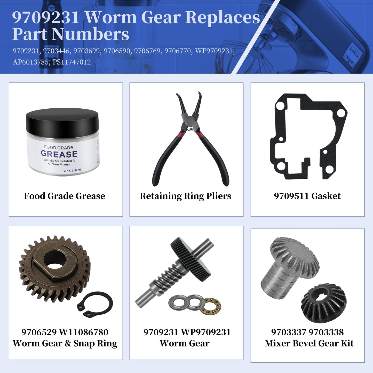 Mixer Worm Gear Kit Compatible with Kitchenaid Whirlpool 5qt 6qt Mixer Gear Parts Replacement,9706529 9709511 9703337 9709231 Worm Follower Gear Kit