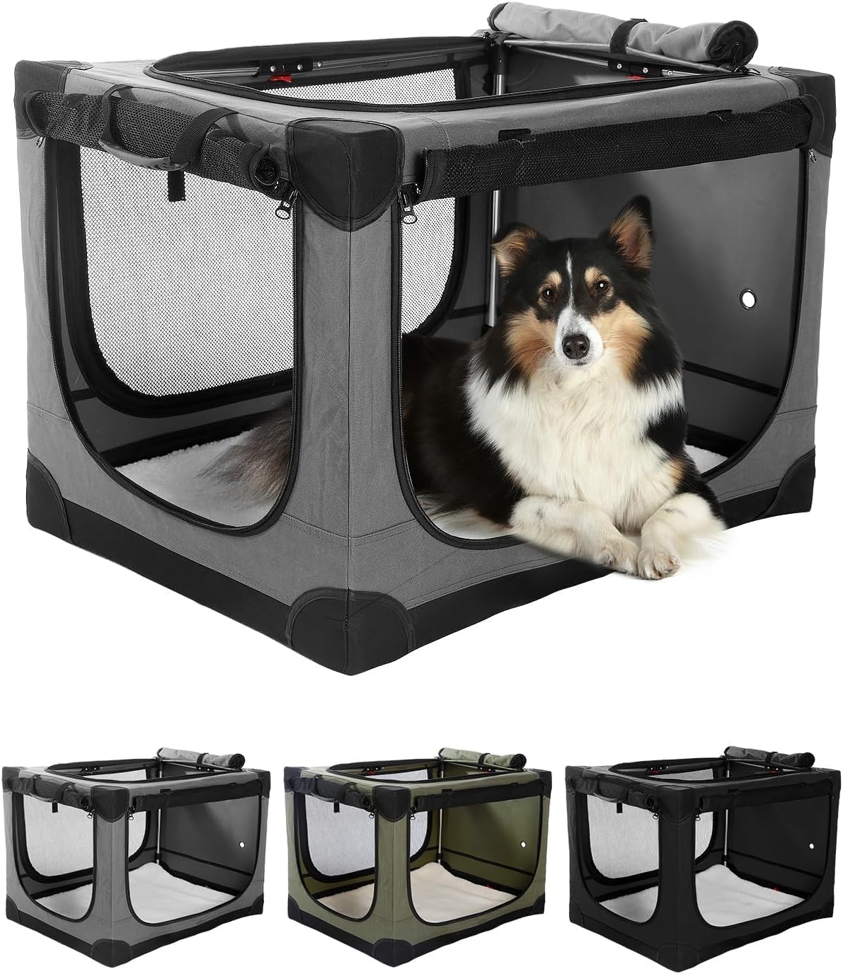 Veraste 24 Inch Collapsible Travel Dog Crate for Medium Large Dogs, Portable Dog Crate 4-Door Foldable Soft Kennel with Chew-Proof Mesh Windows for Indoor & Outdoor, with Storage Bag（Grey）