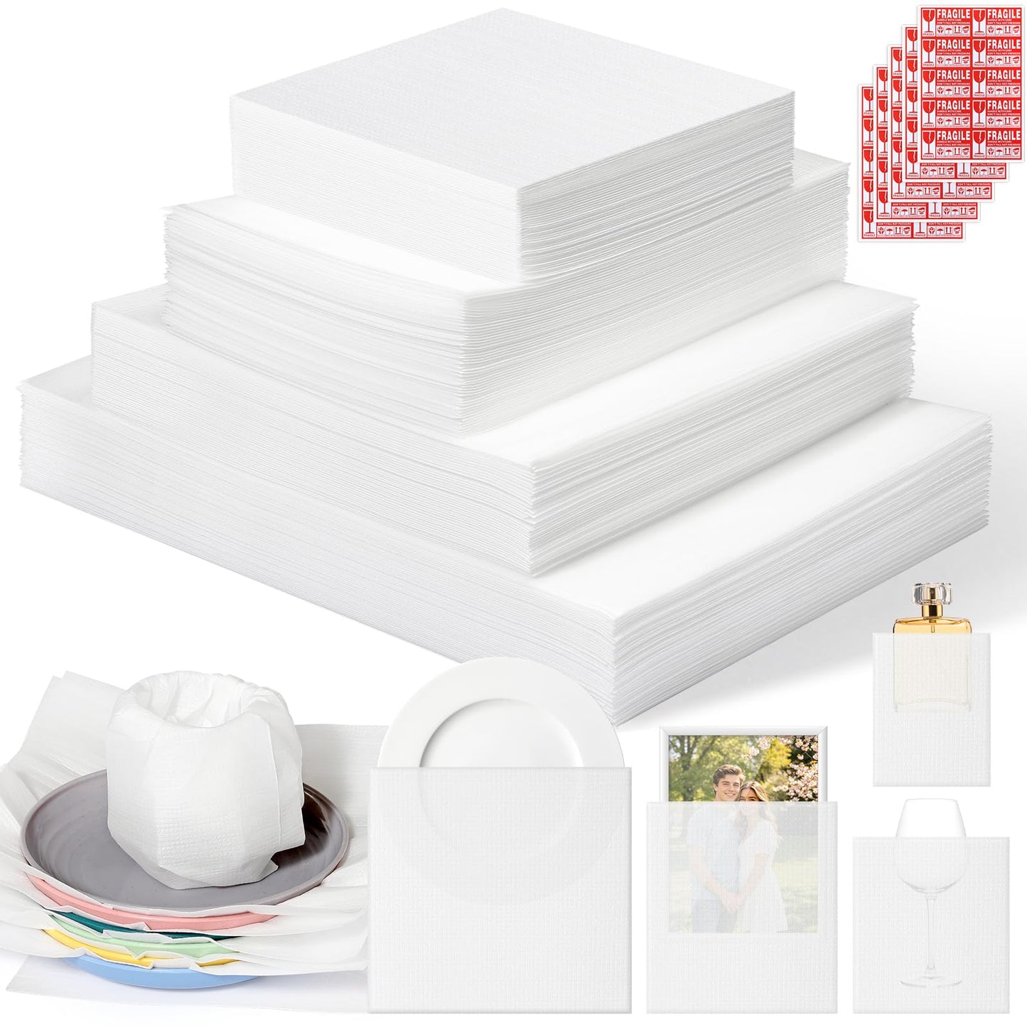 520Pcs Dish Packing Supplies for Moving, Moving Suppliers Packing Foam Cushion Dish Wrap 200 Cushion Foam Wrap Pouches & 50 Foam Sheets, with 270 Fragile Stickers for Fragile Shipping