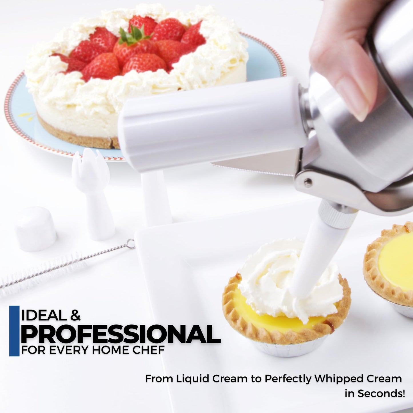 ICO Professional Aluminum Whipped Cream Dispenser with 3 Stainless Steel Nozzles & Cleaning Brush, for Homemade Whipping Cream, Dips, Sauces, and Infusions (1L or 1 quart) Gas chargers not included