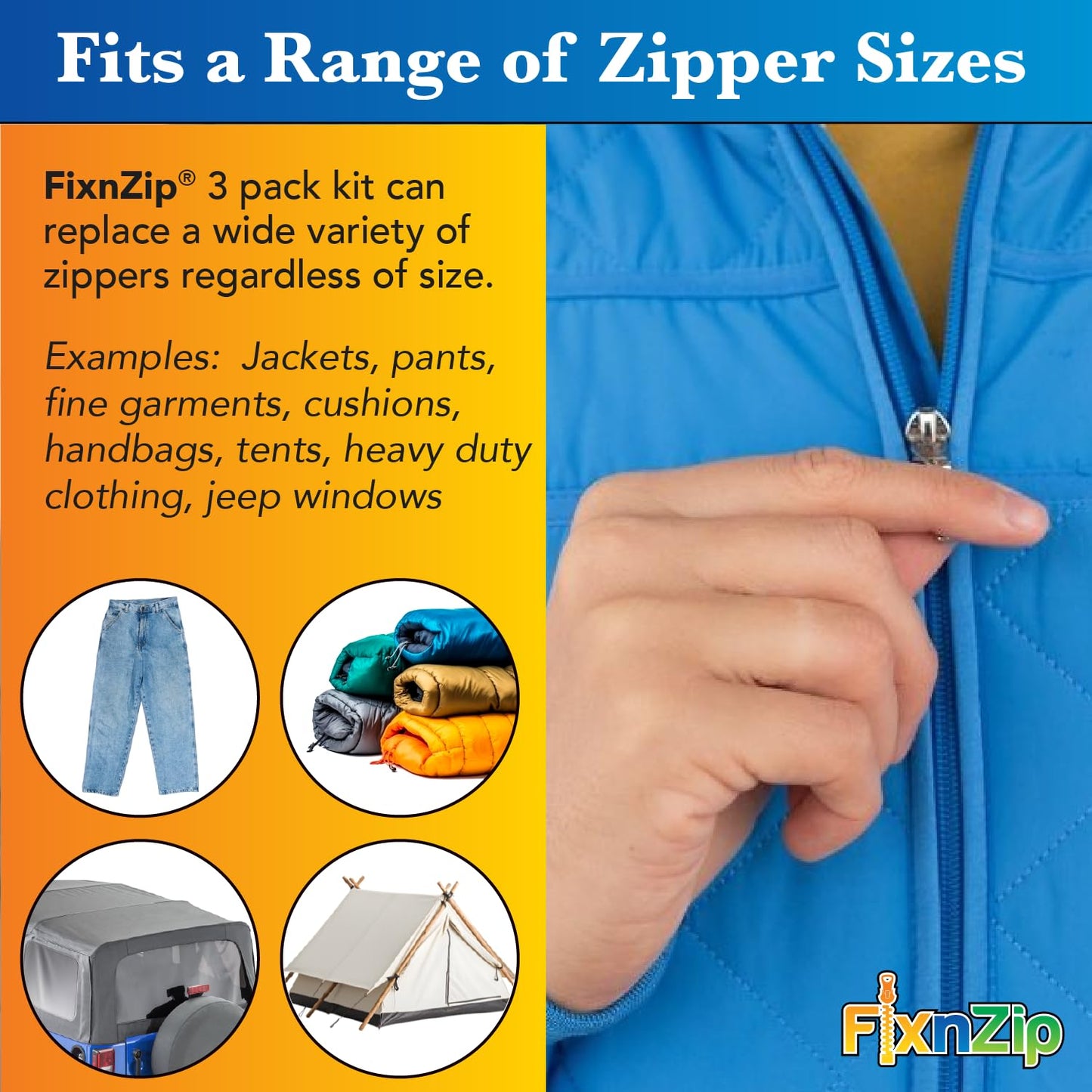 FixNZip Small, Medium, and Large Black Nickel Zipper Repair Kit Bundle | Universal No-Sew Slider Replacement for All Zipper Needs | Instant and Reusable Repair Tool | Sizes 1-10