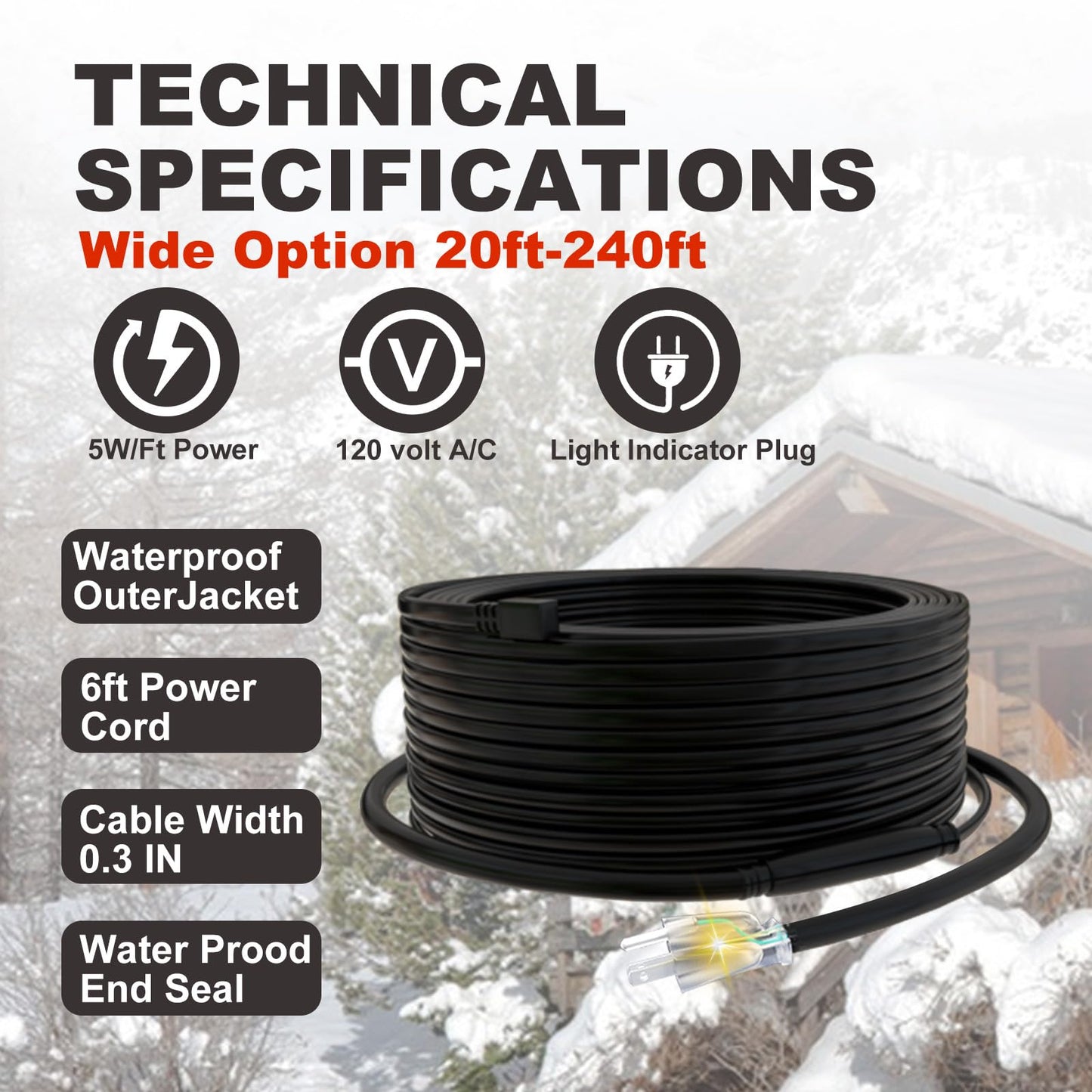 TOPDURE 60 feet Roof & Gutter Snow De-Icing Kit, 5W/ft Heat Tape for Roof and Gutters Ice Dam Prevention with 6 ft Power Cord, TDRD-300-1