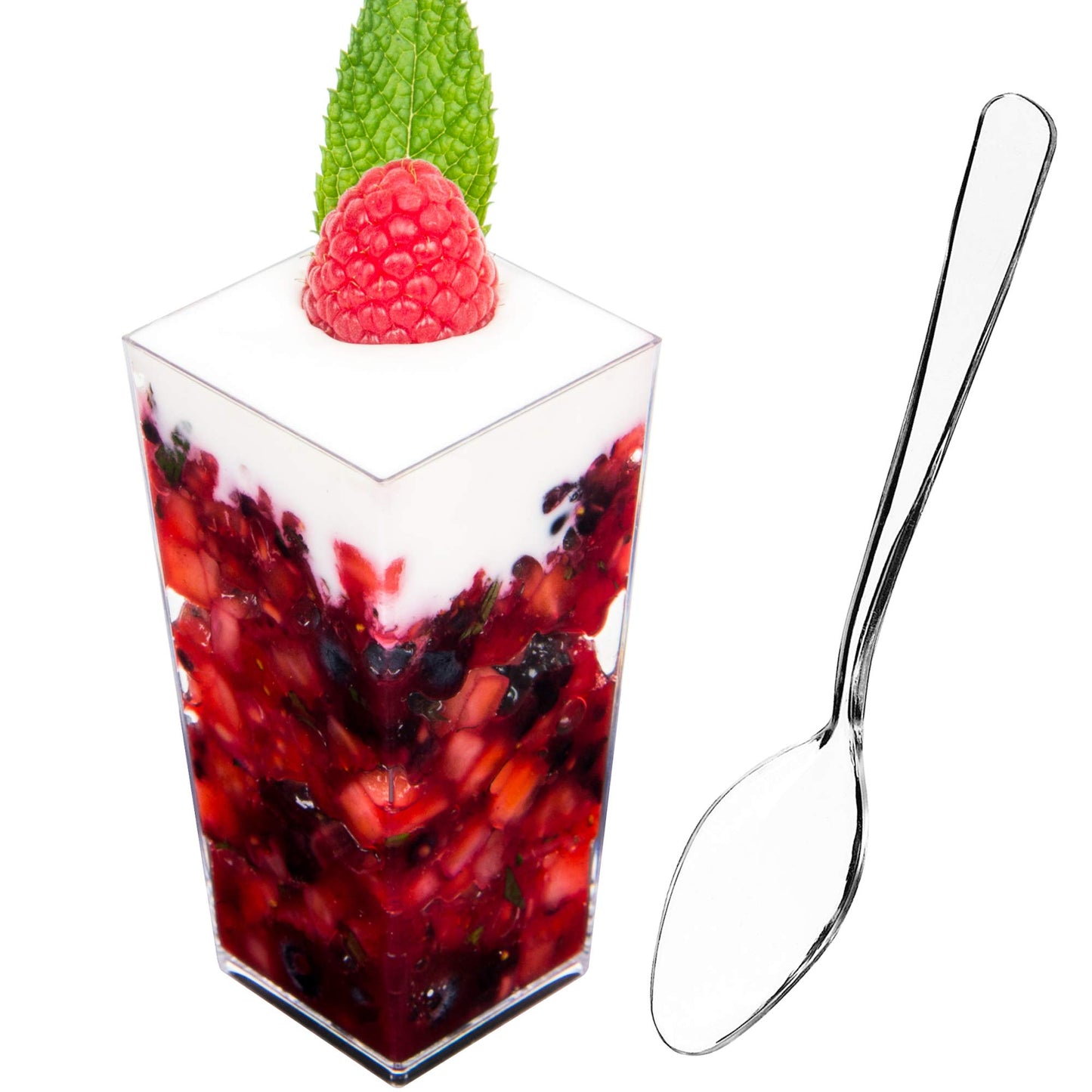 DLux 100 x 3 oz Mini Dessert Cups with Spoons and Lids,Square Tall- Clear Parfait Appetizer Cup Small Reusable Serving Bowl for Party -with Recipe Ebook
