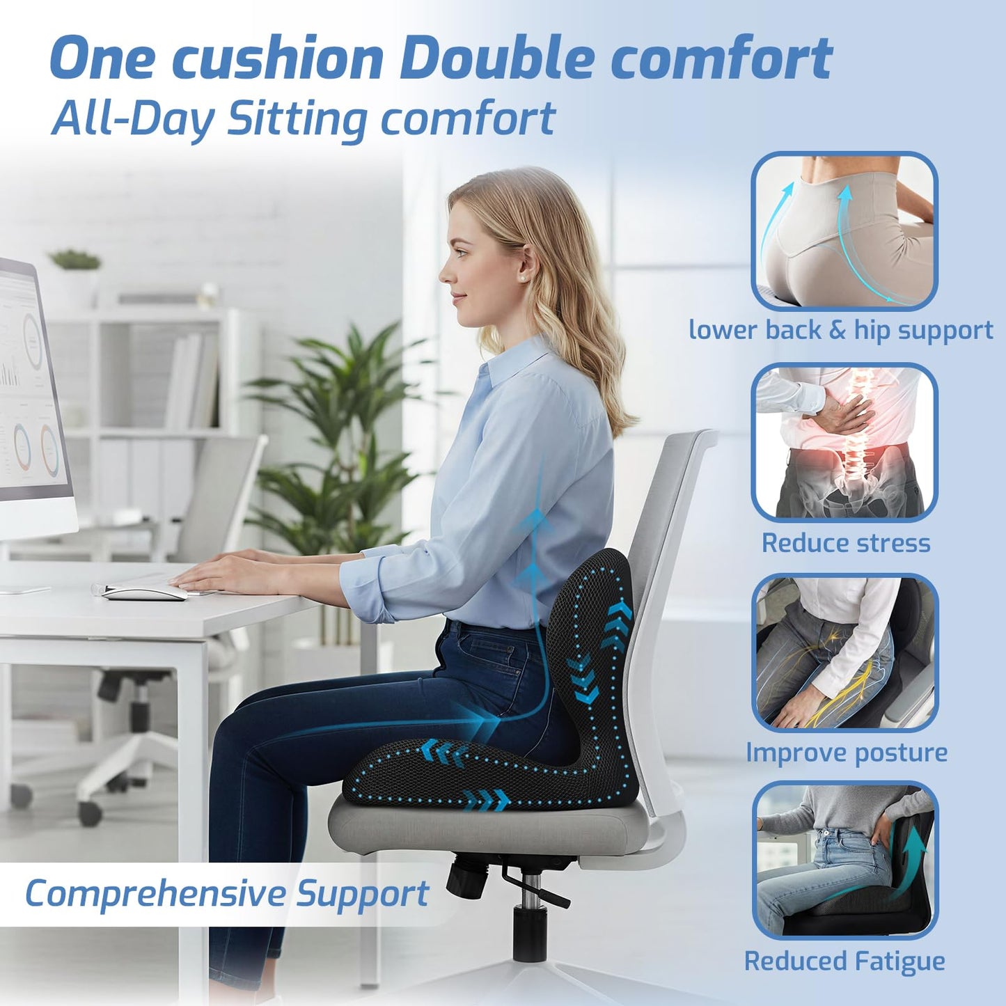 Ergonomic Seat Cushion,Memory Foam Cushion for Office Chair,Non Slip Car Seat Cushion,Designed for Long Sitting,Tailbone,Back Pain Relief,for Office,Home,Car Drivers,Desk Chair