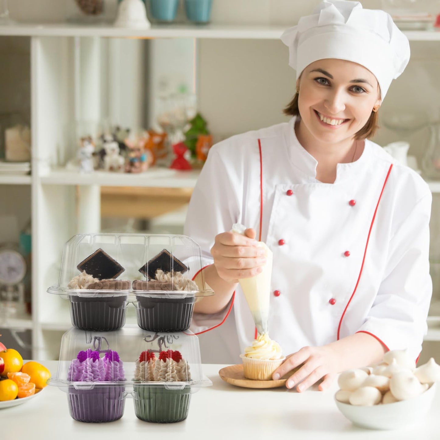 Coloch 50 Pack 4-Cavity Clear Cupcake Container, 4 Compartment Plastic Cupcake Holder with Connected Lid, Deep Dome Muffin Container, Stackable Carrying Box for Cupcakes, Wedding, Party Gift Packaging