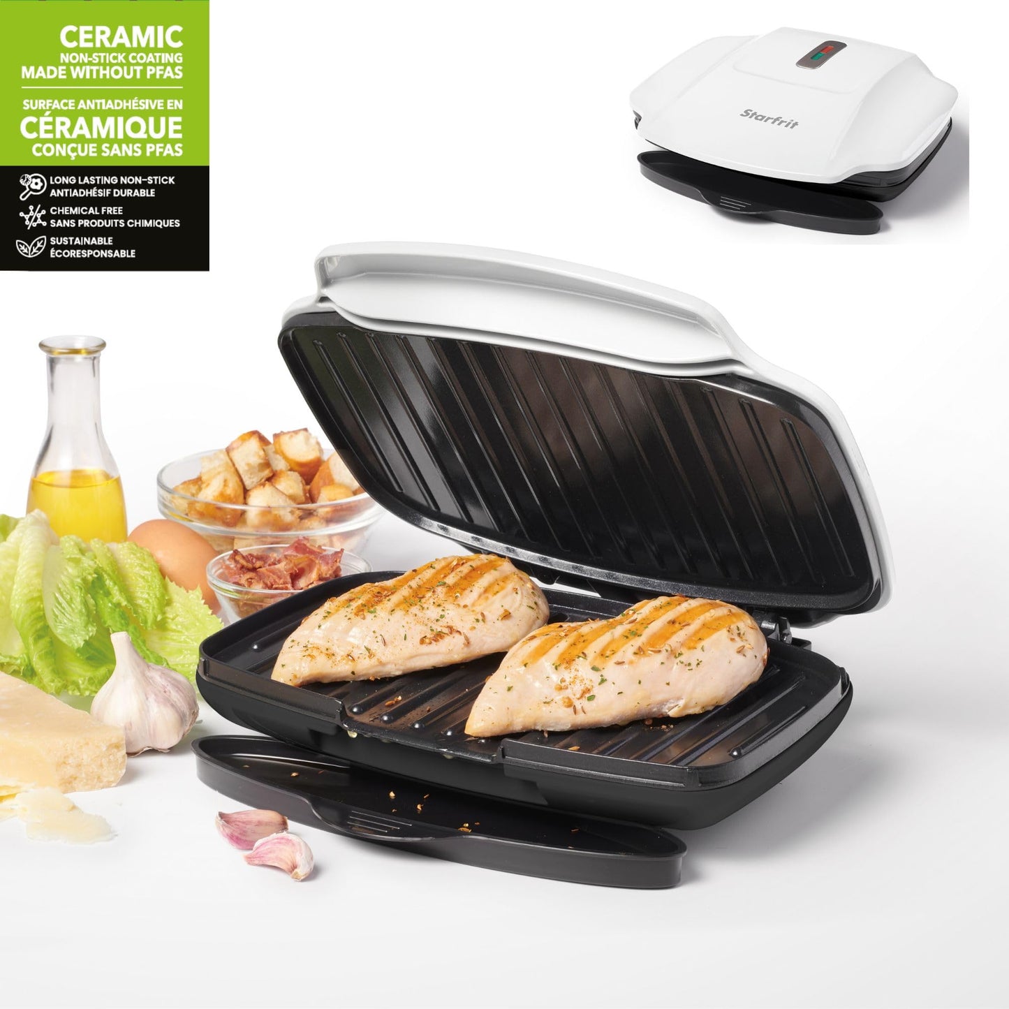 Starfrit Grill And Panini Press With Ceramic Coating - Non-Stick Coating - PFAS-Free - Removable Fat And Oil Collection - White
