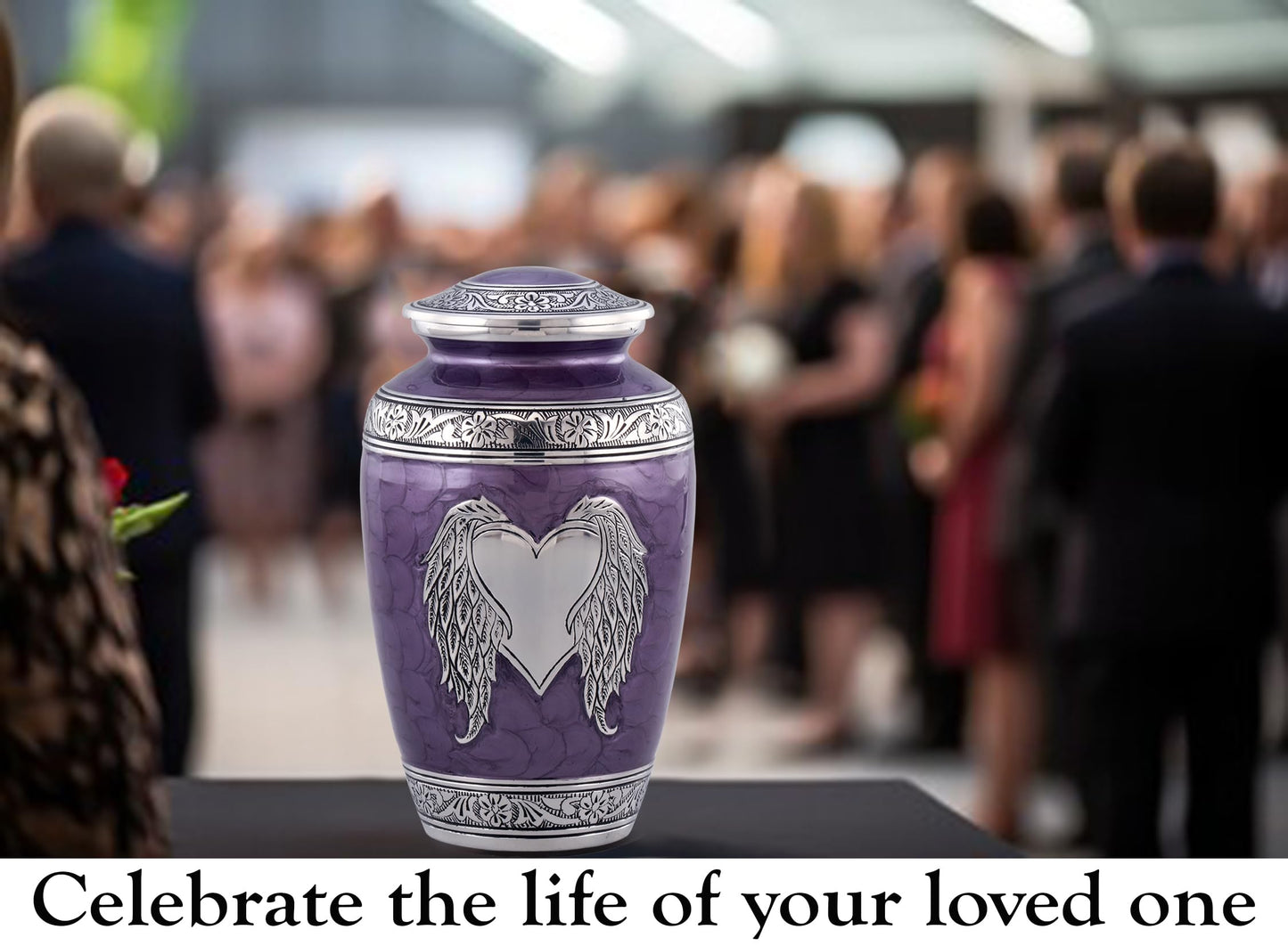 Angel Wings Urn - Loving Angel Wings Cremation Urn for Ashes - Handcrafted Angel Wings & Heart Adult Urn - Large Wings of Love Memorial Urn with Velvet Bag (Purple)