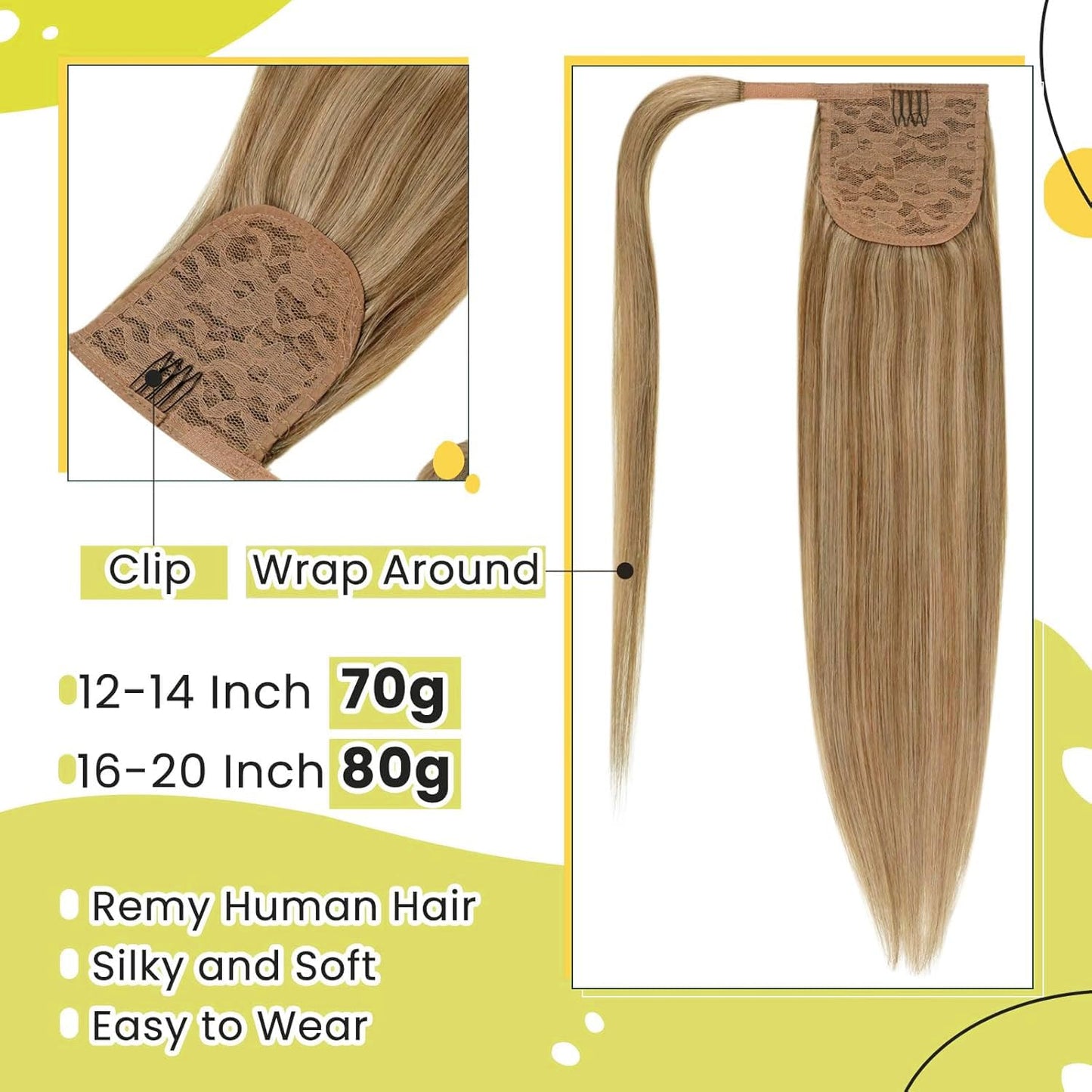 RUNATURE Human Hair Ponytail Clip in Extensions 12 Inch Straight Hair Wrap Around Ponytail Extensions Light Brown Highlighted Blonde Ponytails Remy Hair Extensions for Women 70g
